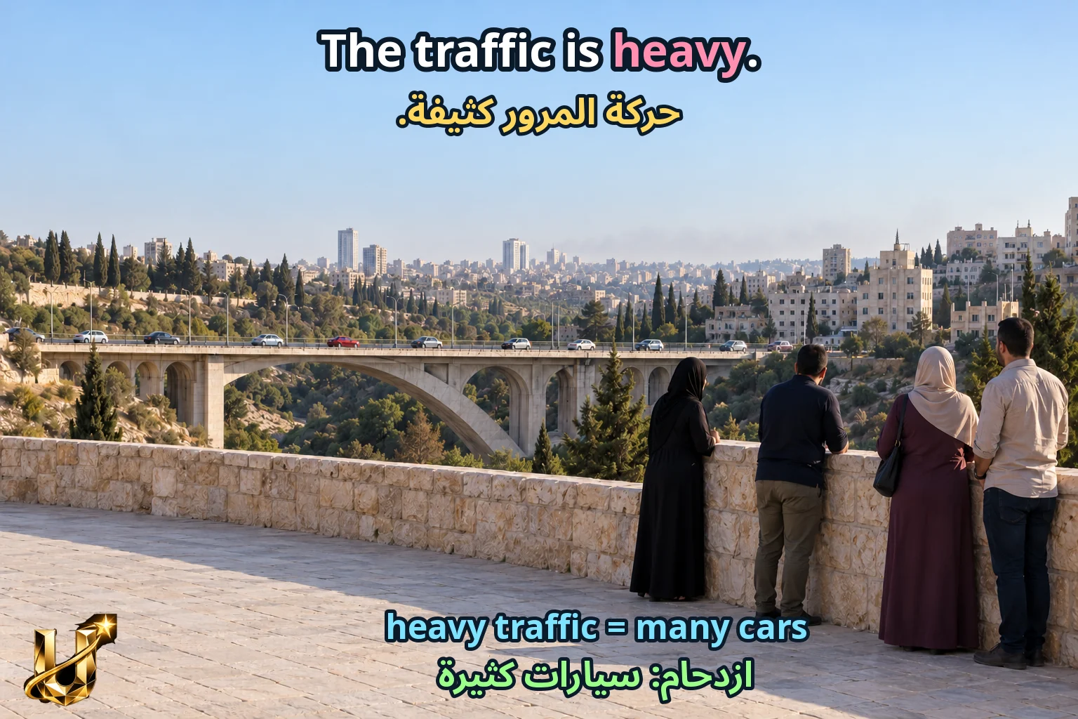 صورة تعليمية للدرس «المفردات في السياق — زيارة مدينة» مع الجملة الإنجليزية وترجمتها العربية.