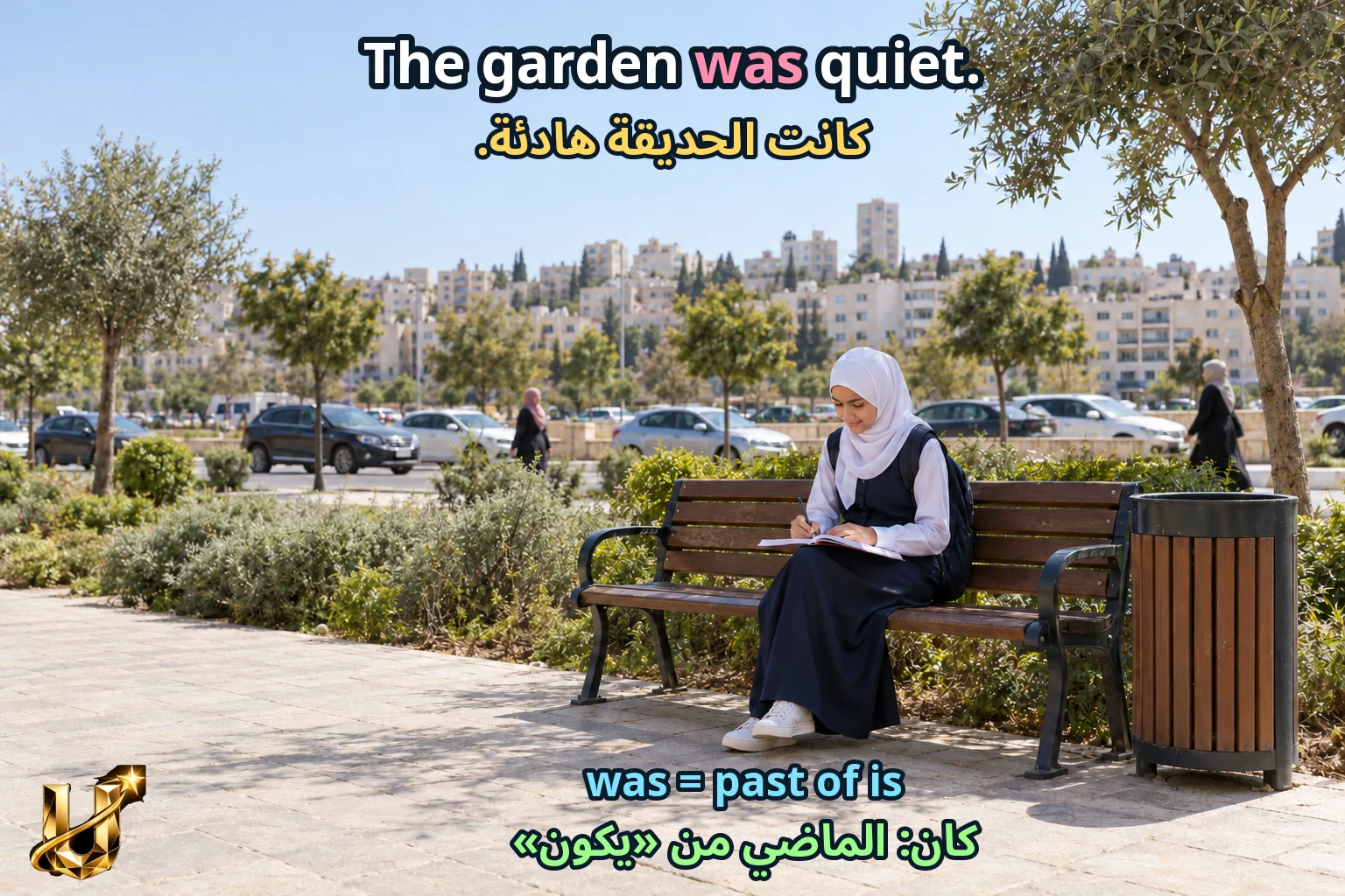 صورة تعليمية للدرس «نكتب ونتحدث — زيارة مدينة» مع الجملة الإنجليزية وترجمتها العربية.