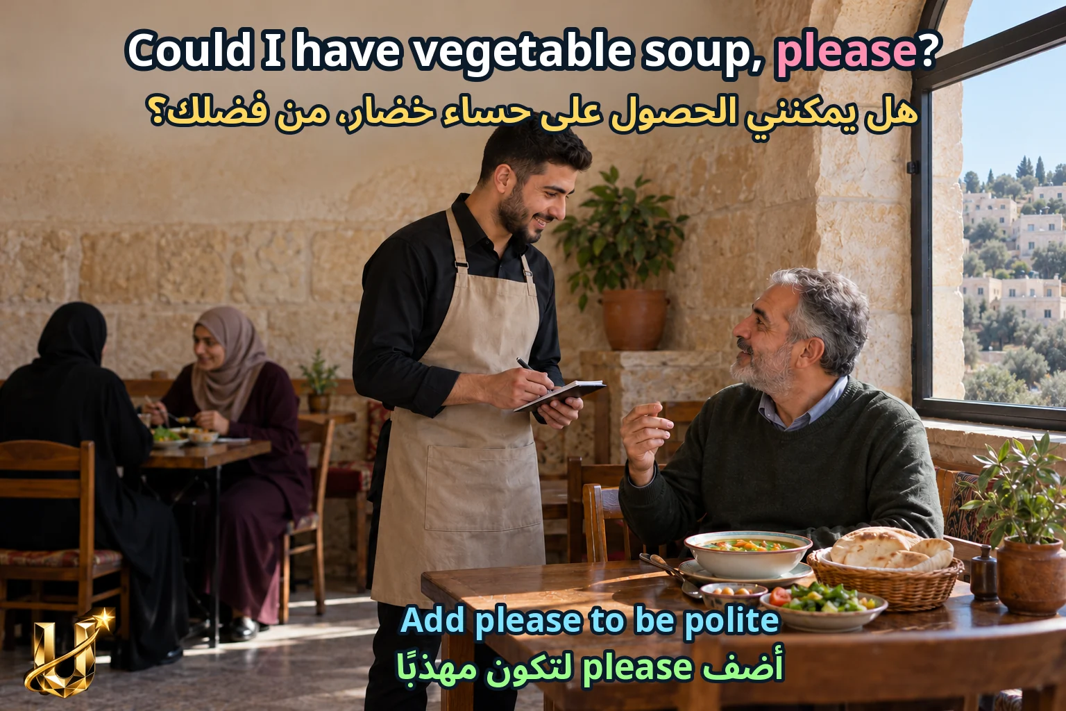صورة تعليمية للدرس «تمثيل طلب الطعام» مع الجملة الإنجليزية وترجمتها العربية.