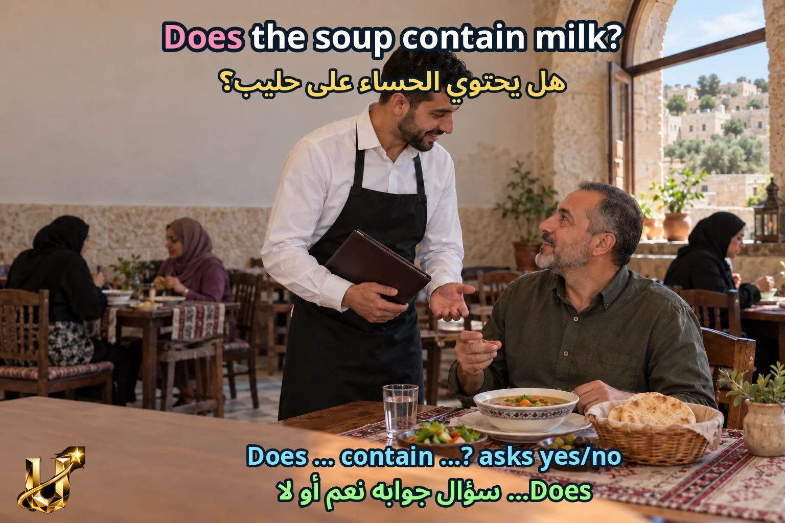 صورة تعليمية للدرس «نكتب ونتحدث — آداب المائدة» مع الجملة الإنجليزية وترجمتها العربية.