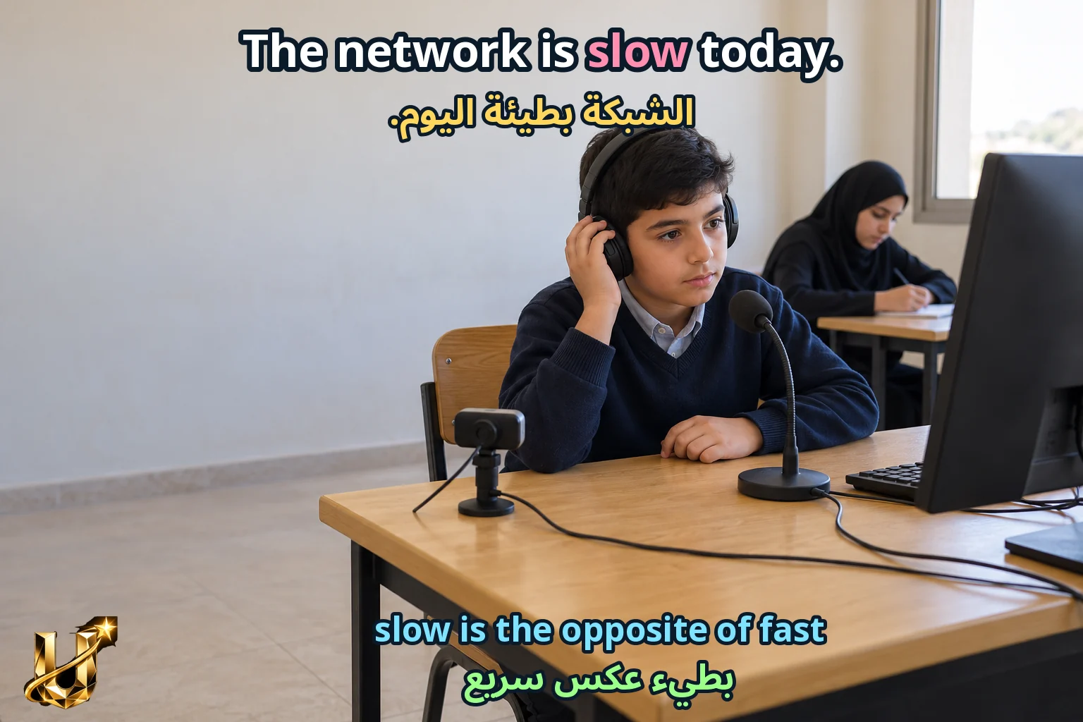 صورة تعليمية للدرس «المفردات في السياق — عالم التواصل والالتزام» مع الجملة الإنجليزية وترجمتها العربية.