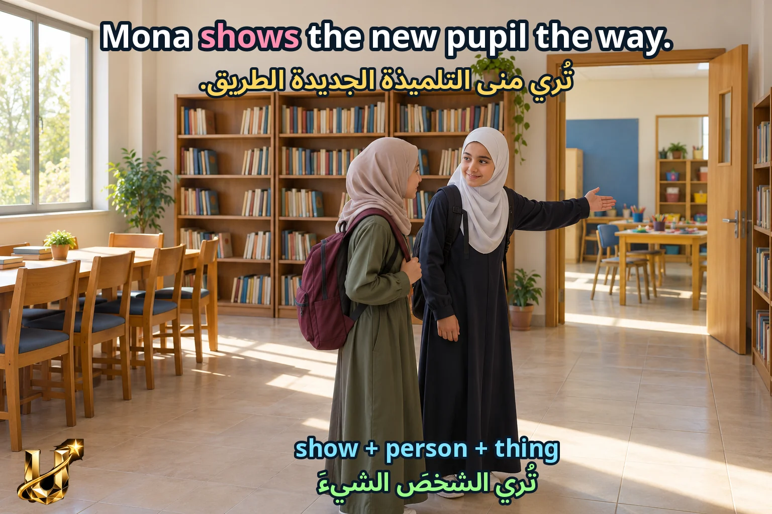 صورة تعليمية للدرس «Revision 1 — مراجعة الوحدات الأولى» مع الجملة الإنجليزية وترجمتها العربية.