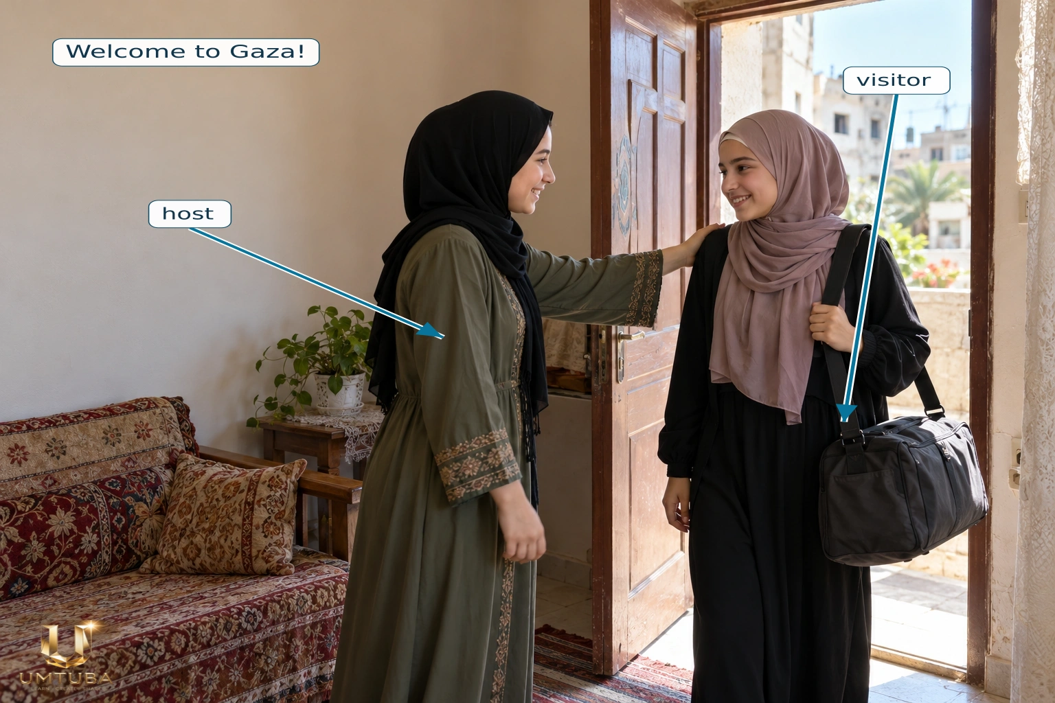 التَّرْحِيبُ يُشْعِرُ الزَّائِرَ بِالرَّاحَةِ.