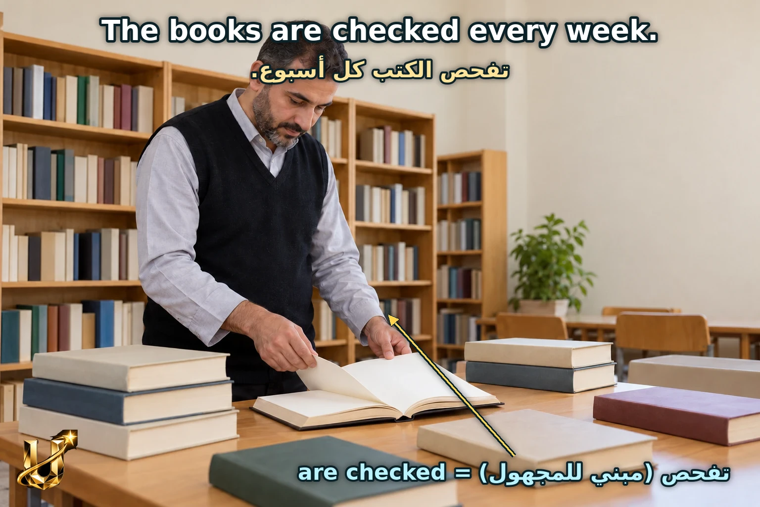 تُفْحَصُ الْكُتُبُ فِي الْمِثَالِ كُلَّ أُسْبُوعٍ.