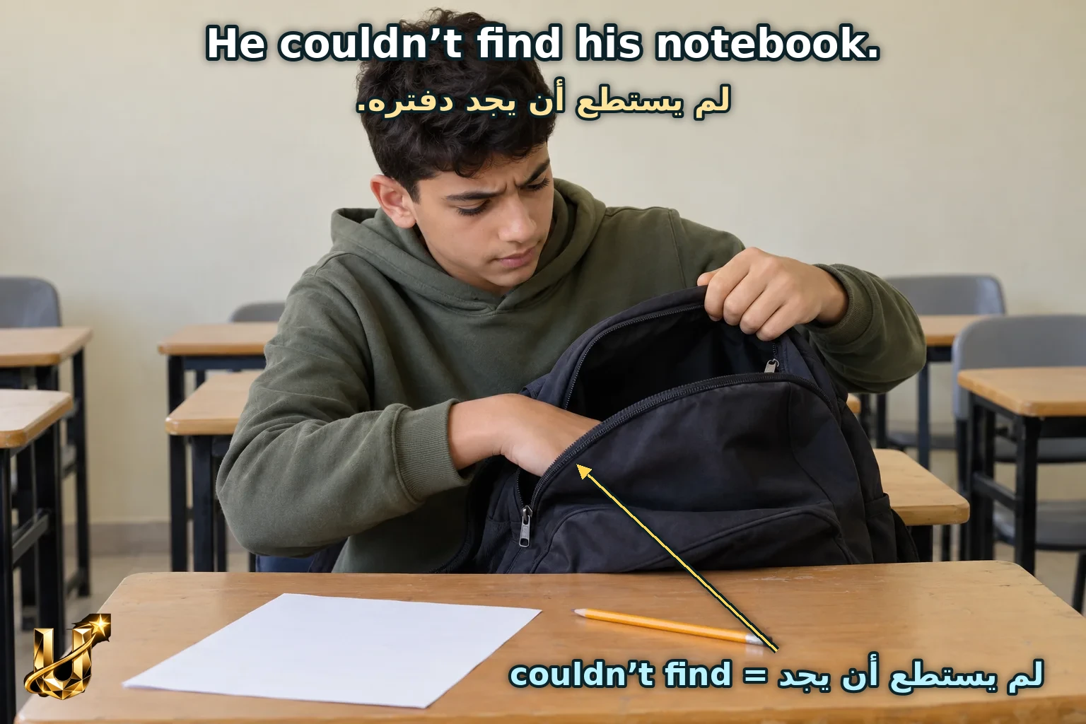 لَمْ يَجِدْ دَفْتَرَهُ فِي الْحَقِيبَةِ.