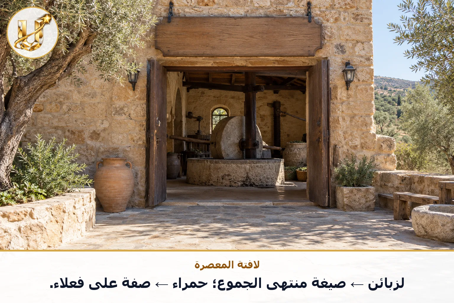 لافتة المعصرة: لزبائن ← صيغة منتهى الجموع؛ حمراء ← صفة على فعلاء.