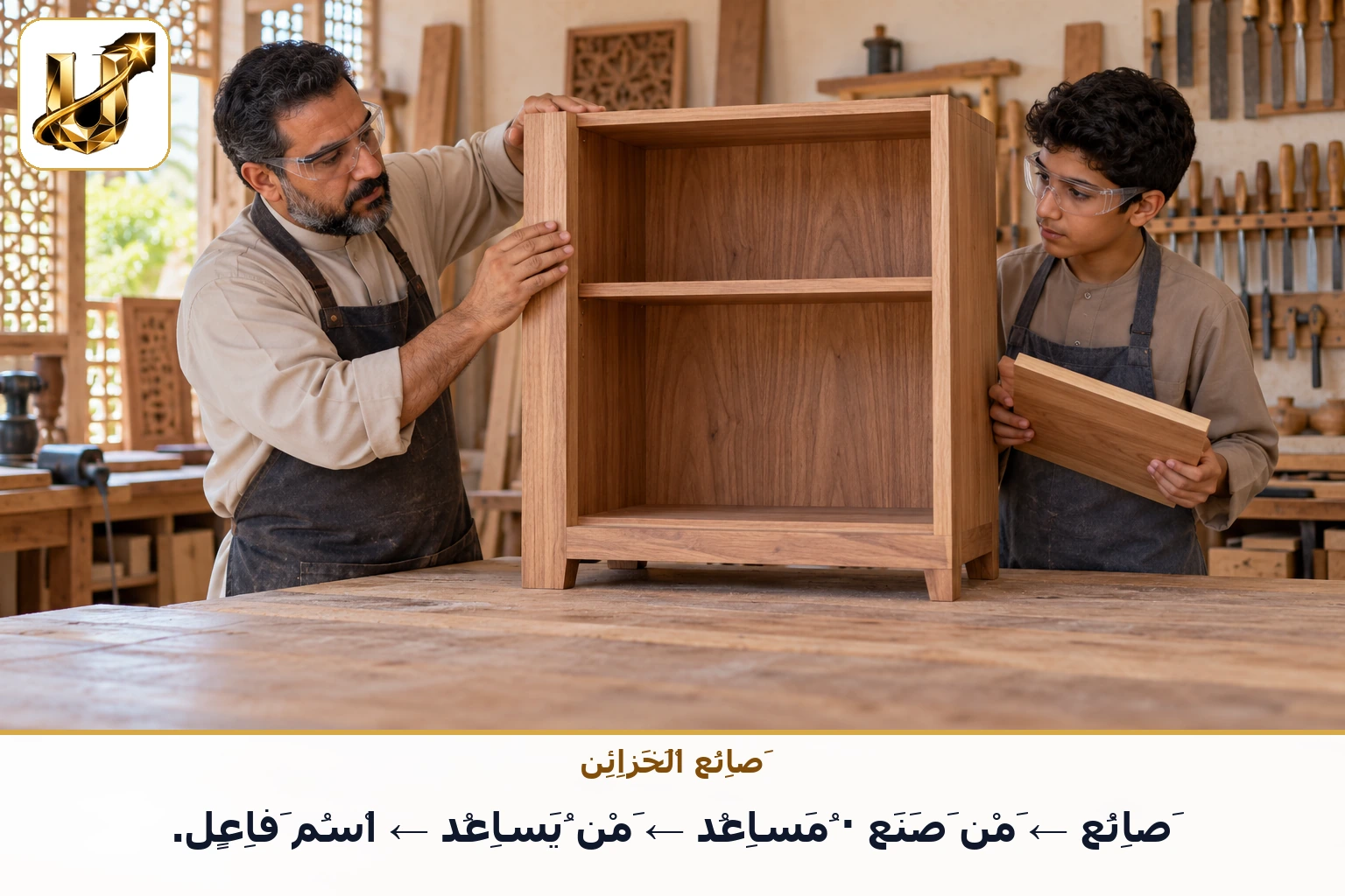 صانع الخزائن: صانع ← من صنع · مساعد ← من يساعد ← اسم فاعل.