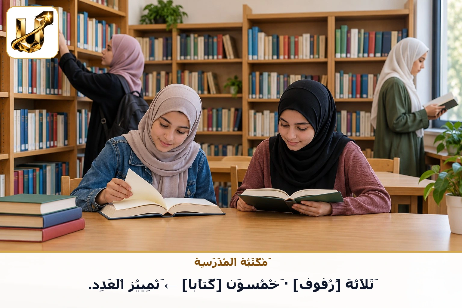 مكتبة المدرسة: ثلاثة [رفوف] · خمسون [كتابا] ← تمييز العدد.
