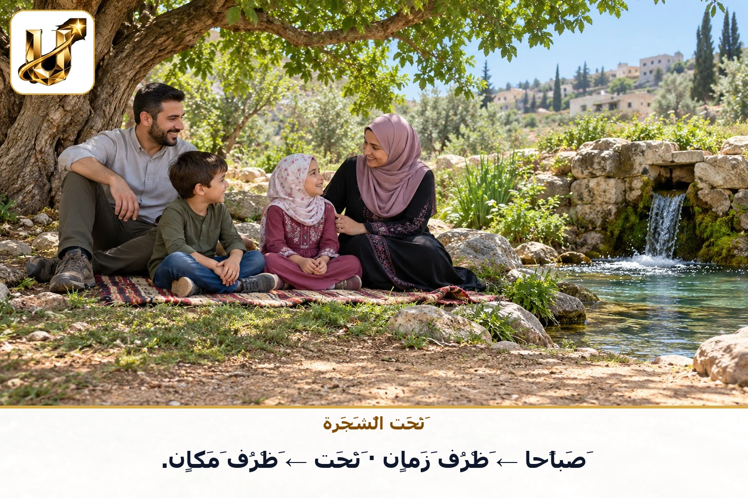 تحت الشجرة: صباحا ← ظرف زمان · تحت ← ظرف مكان.