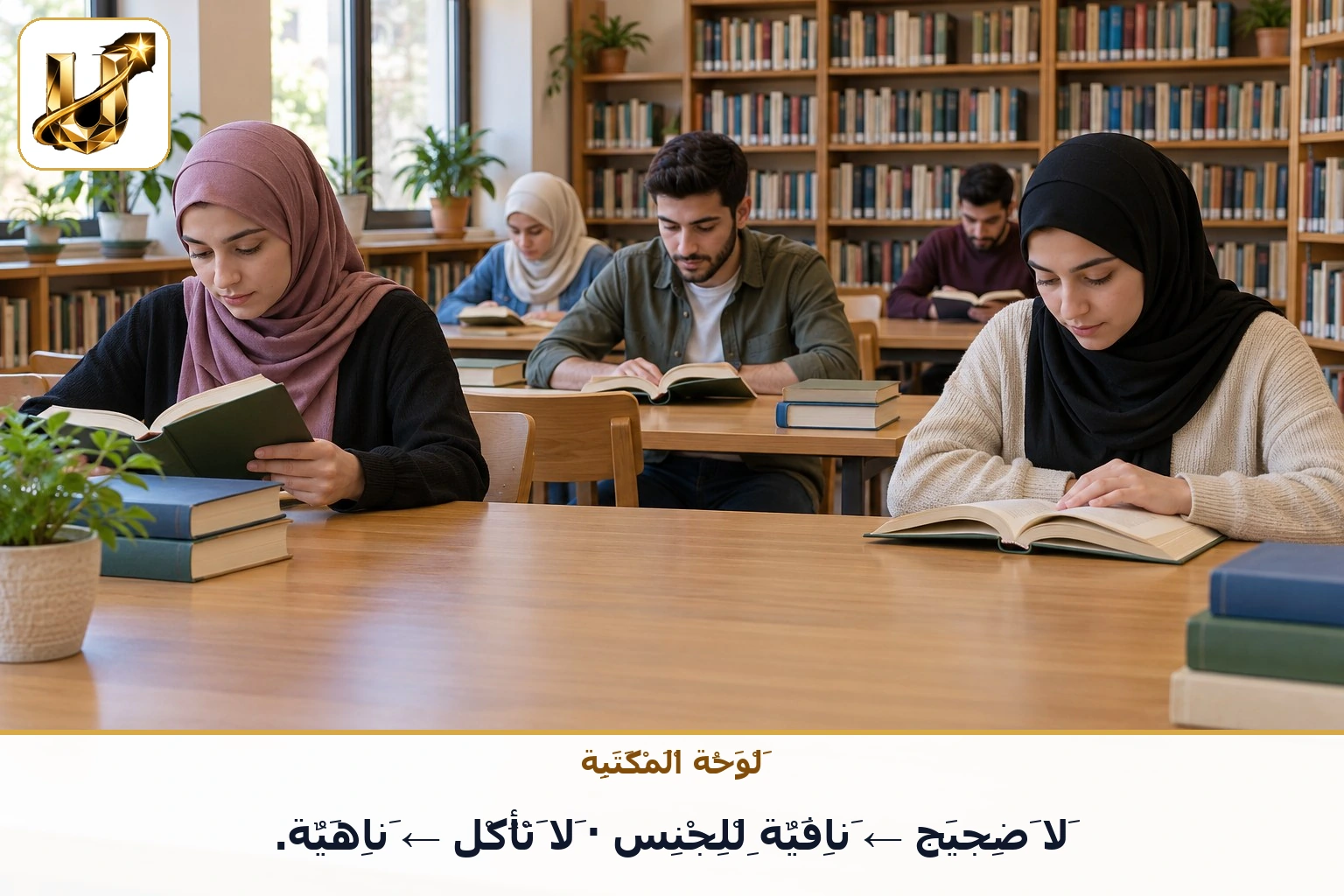 لوحة المكتبة: لا ضجيج ← نافية للجنس · لا تأكل ← ناهية.
