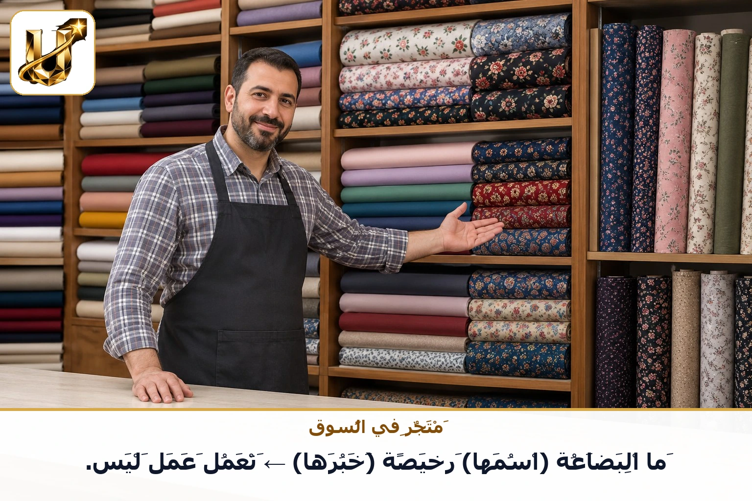 متجر في السوق: ما البضاعة (اسمها) رخيصة (خبرها) ← تعمل عمل ليس.