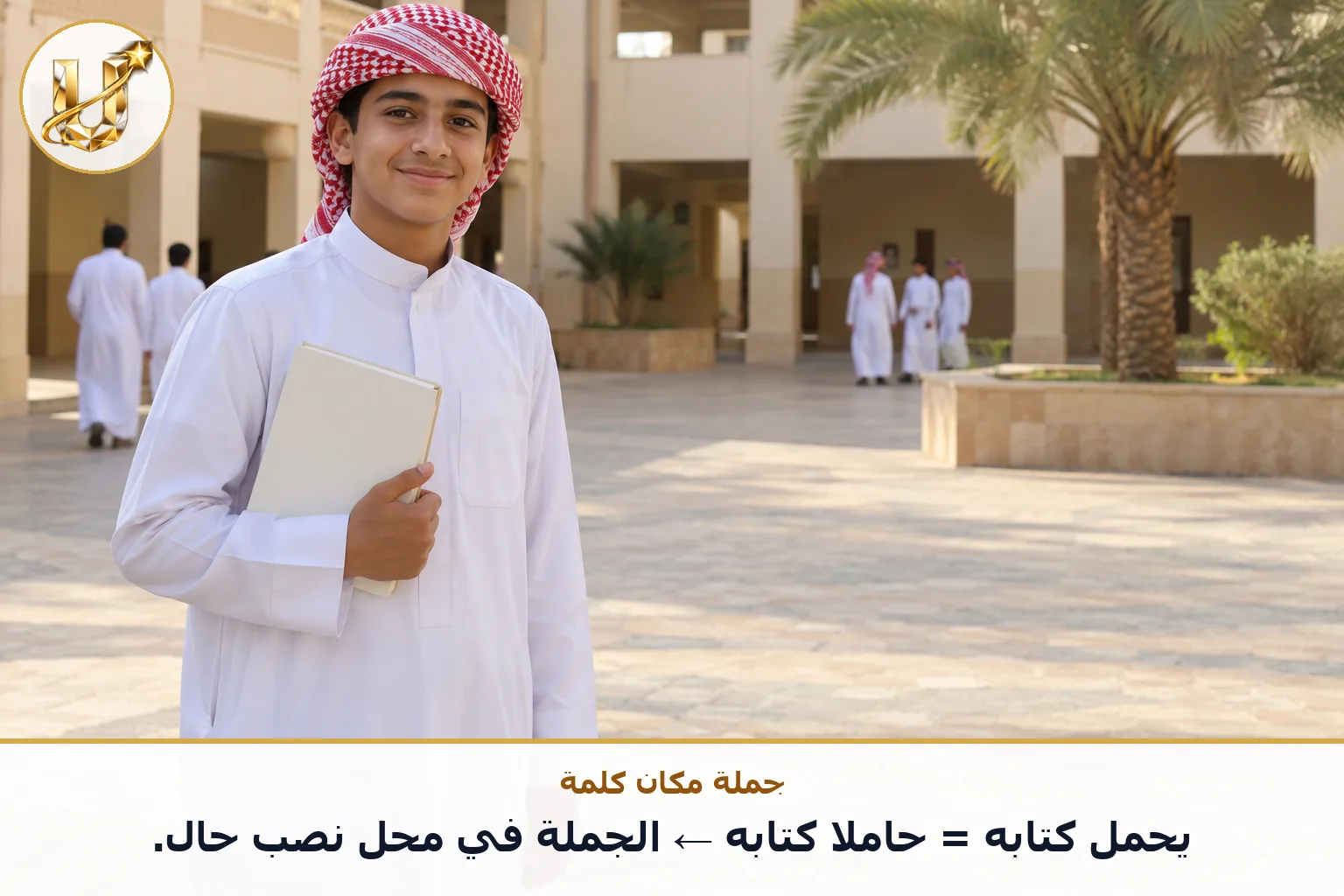 جملة مكان كلمة: يحمل كتابه = حاملا كتابه ← الجملة في محل نصب حال.