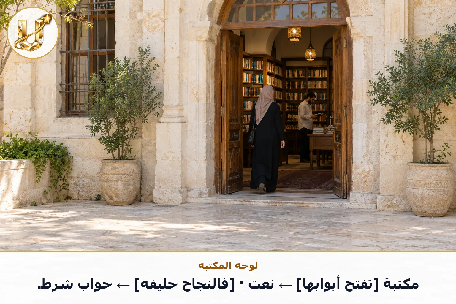 لوحة المكتبة: مكتبة [تفتح أبوابها] ← نعت · [فالنجاح حليفه] ← جواب شرط.