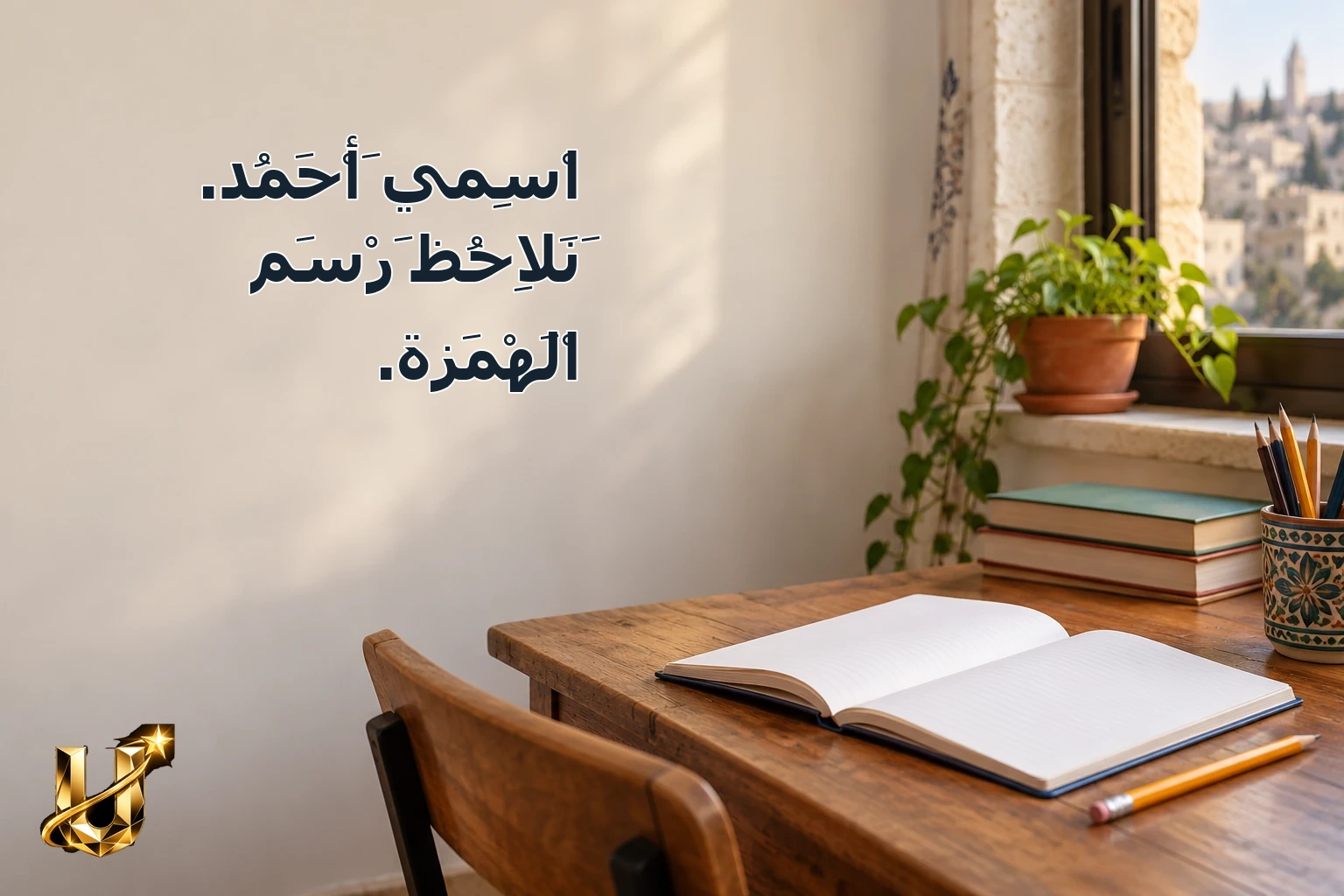 اسْمِي أَحْمَدُ. نَلَاحِظُ رَسْمَ الْهَمْزَةِ.