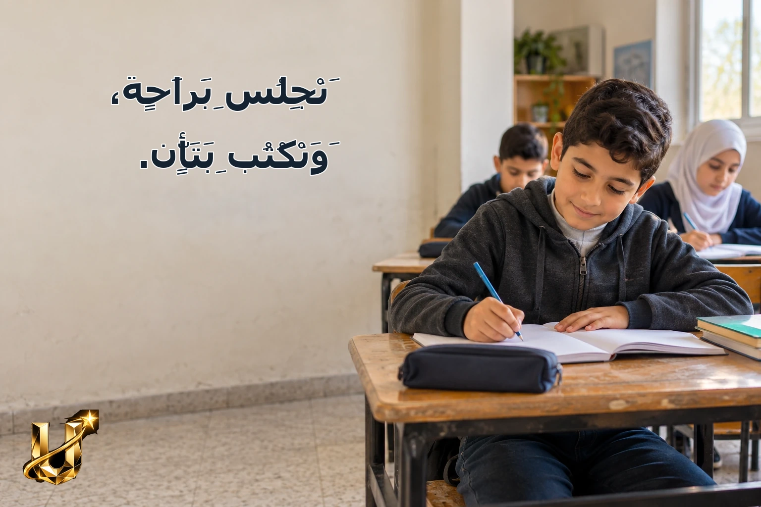 نَجْلِسُ بِرَاحَةٍ، وَنَكْتُبُ بِتَأَنٍّ.