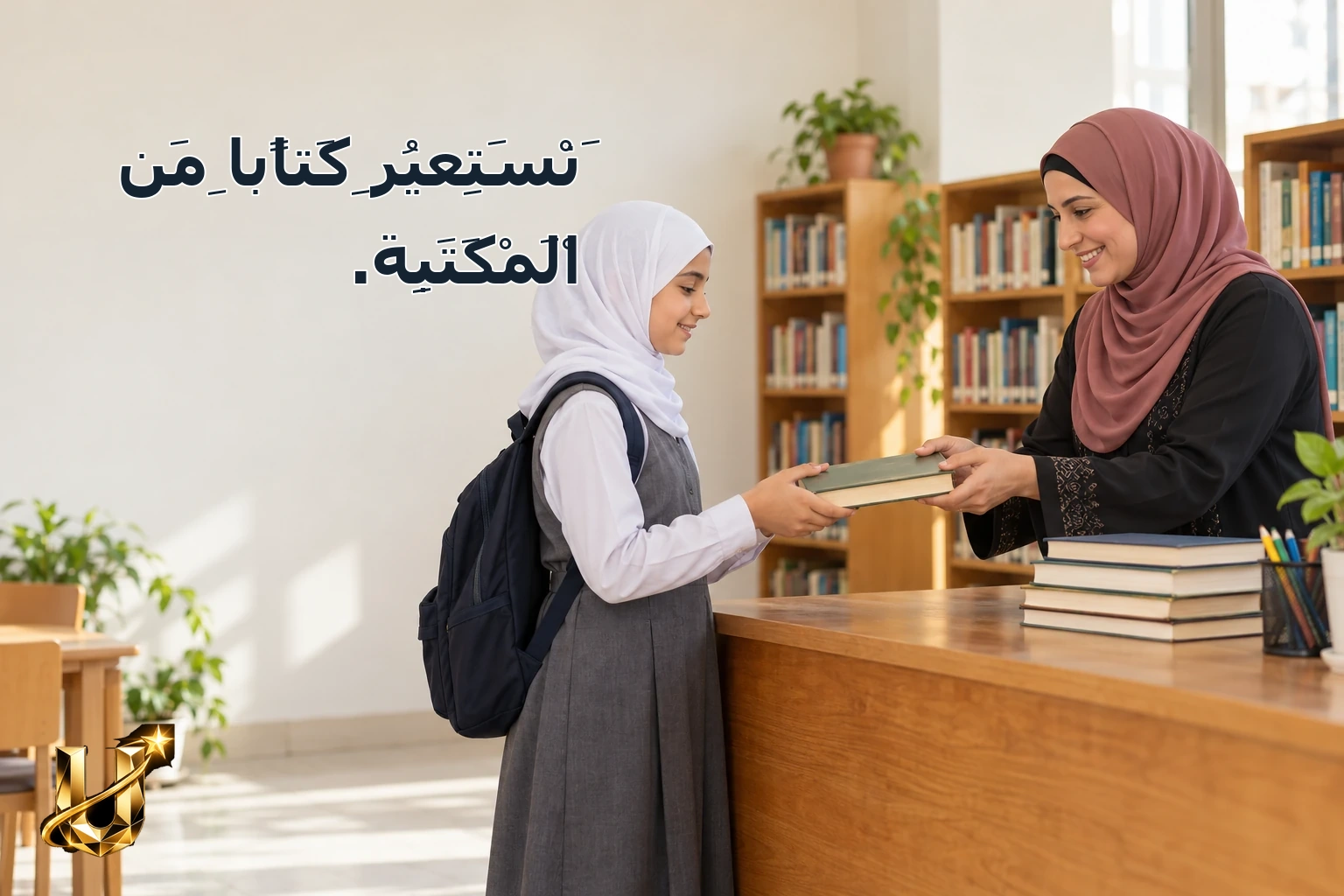 نَسْتَعِيرُ كِتَابًا مِنَ الْمَكْتَبَةِ.