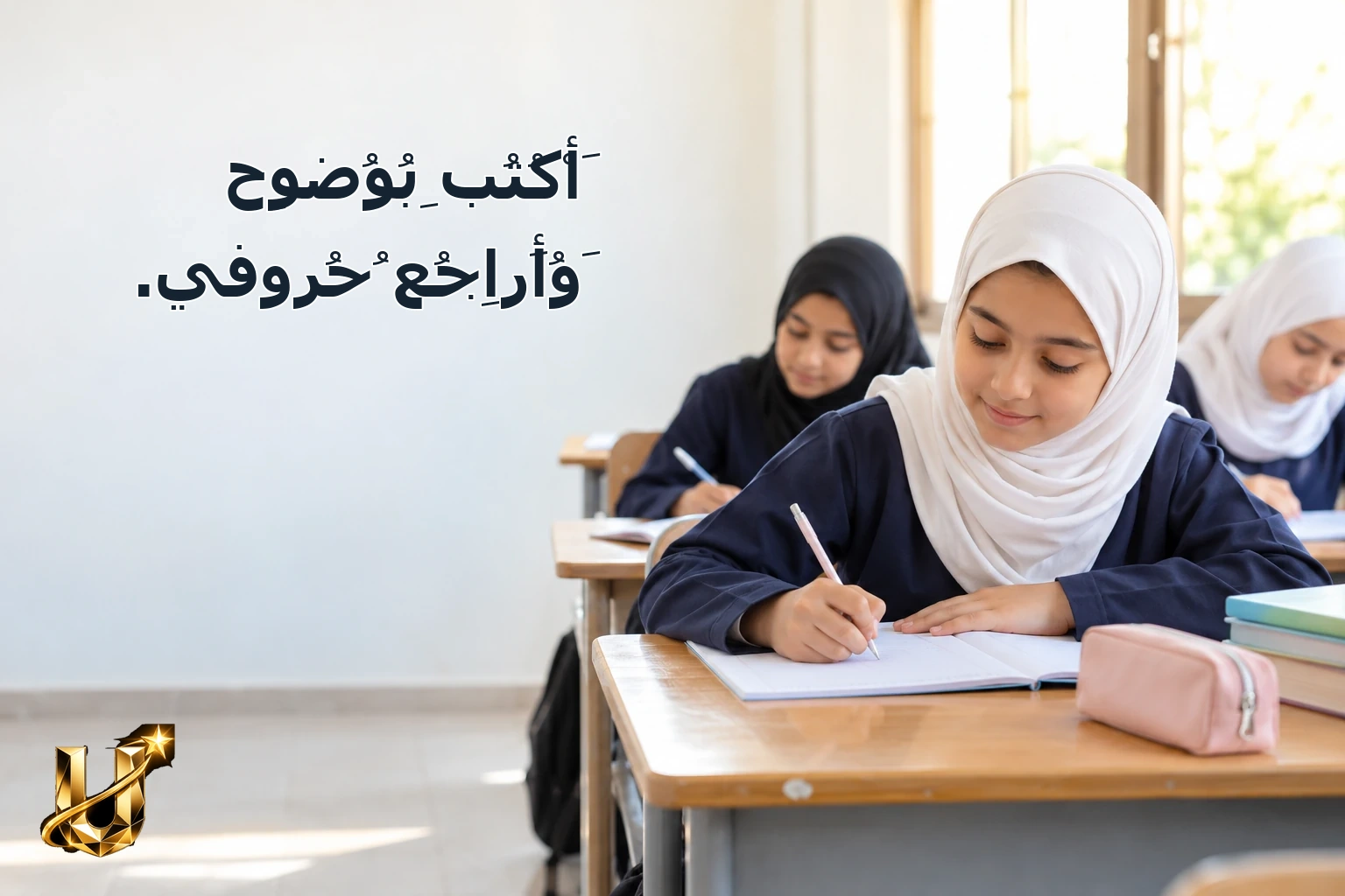 أَكْتُبُ بِوُضُوحٍ وَأُرَاجِعُ حُرُوفِي.