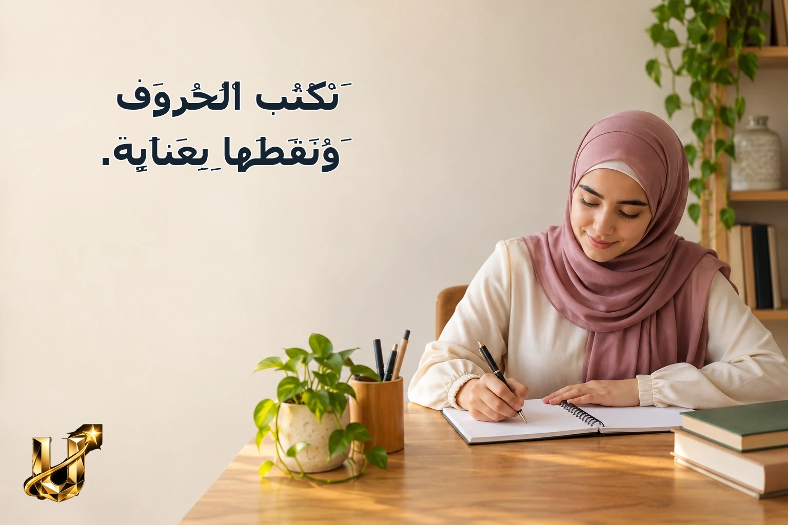 نَكْتُبُ الْحُرُوفَ وَنُقَطَهَا بِعِنَايَةٍ.