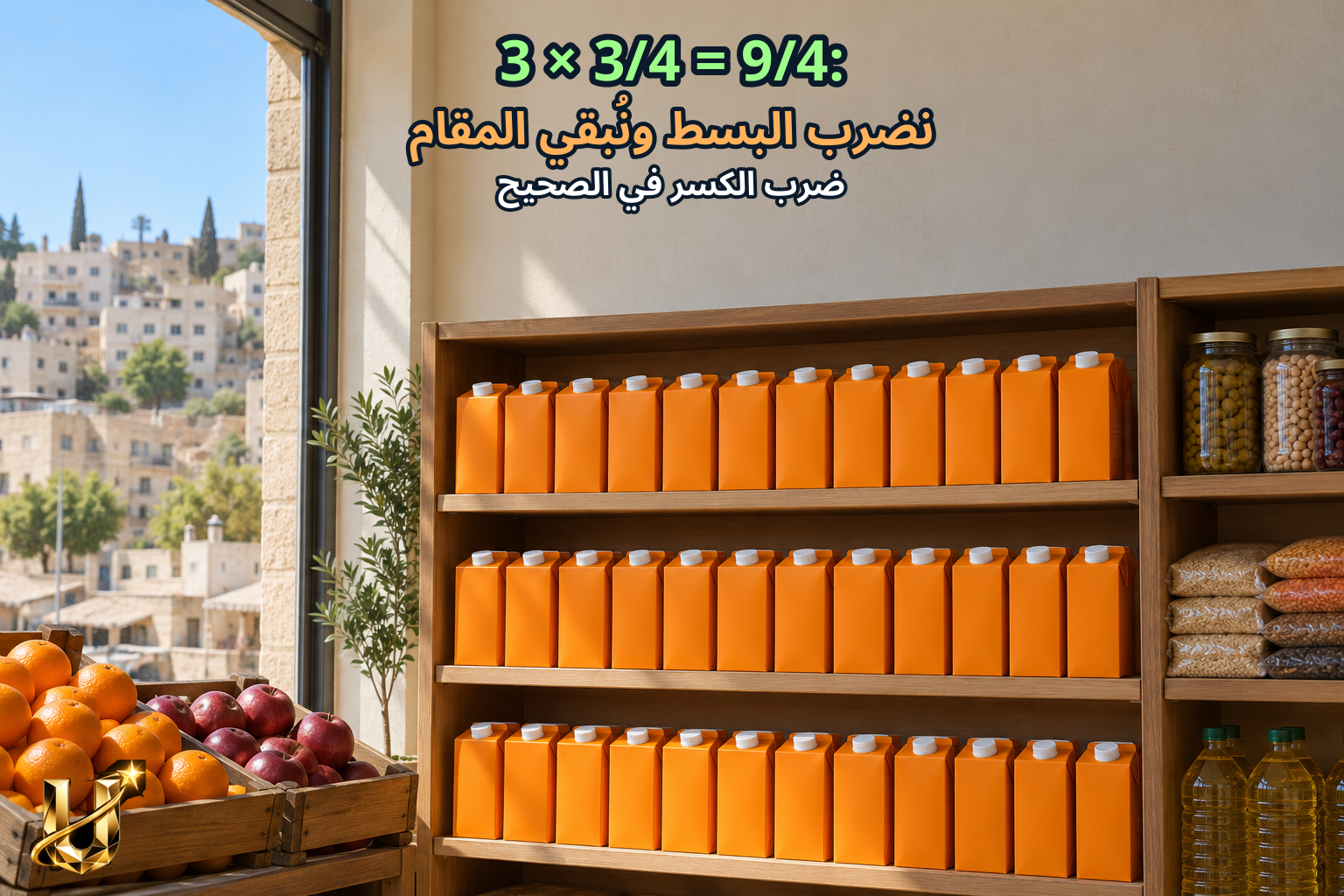 3 × 3/4 = 9/4: نضرب البسط ونبقي المقام