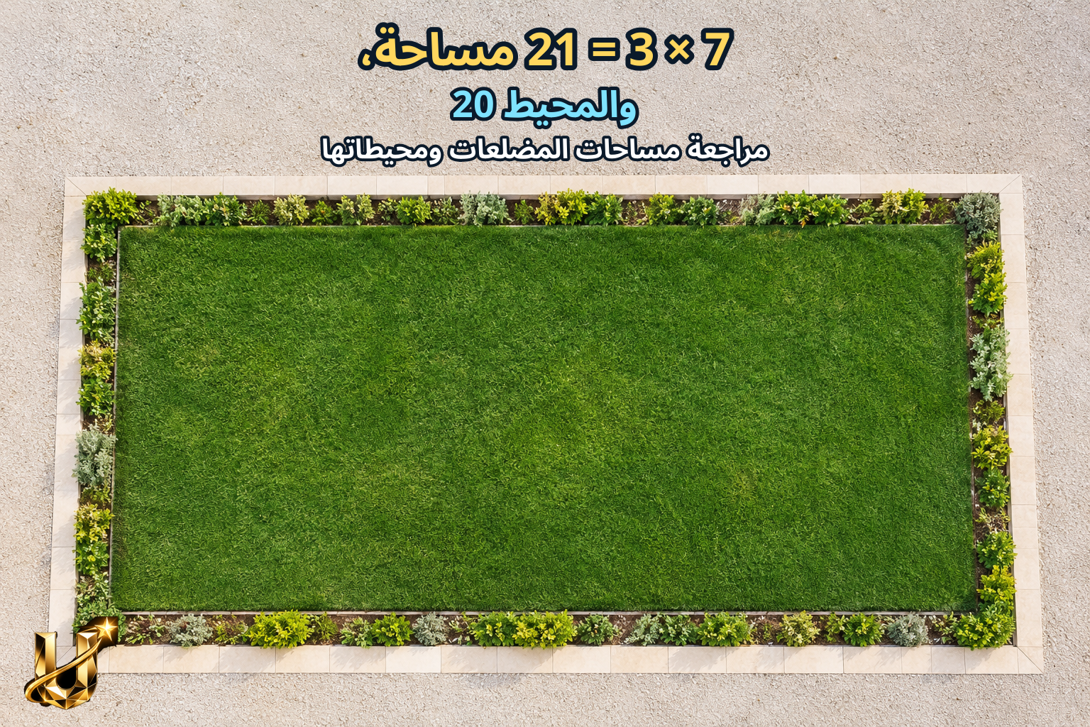 7 × 3 = 21 مساحة، والمحيط 20