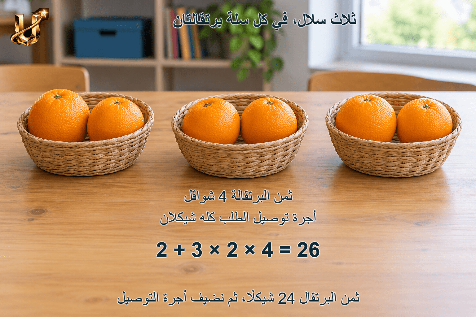 ثلاث سلال، في كل سلة برتقالتان؛ ثمن البرتقال 24 شيكلا، ثم نضيف أجرة التوصيل