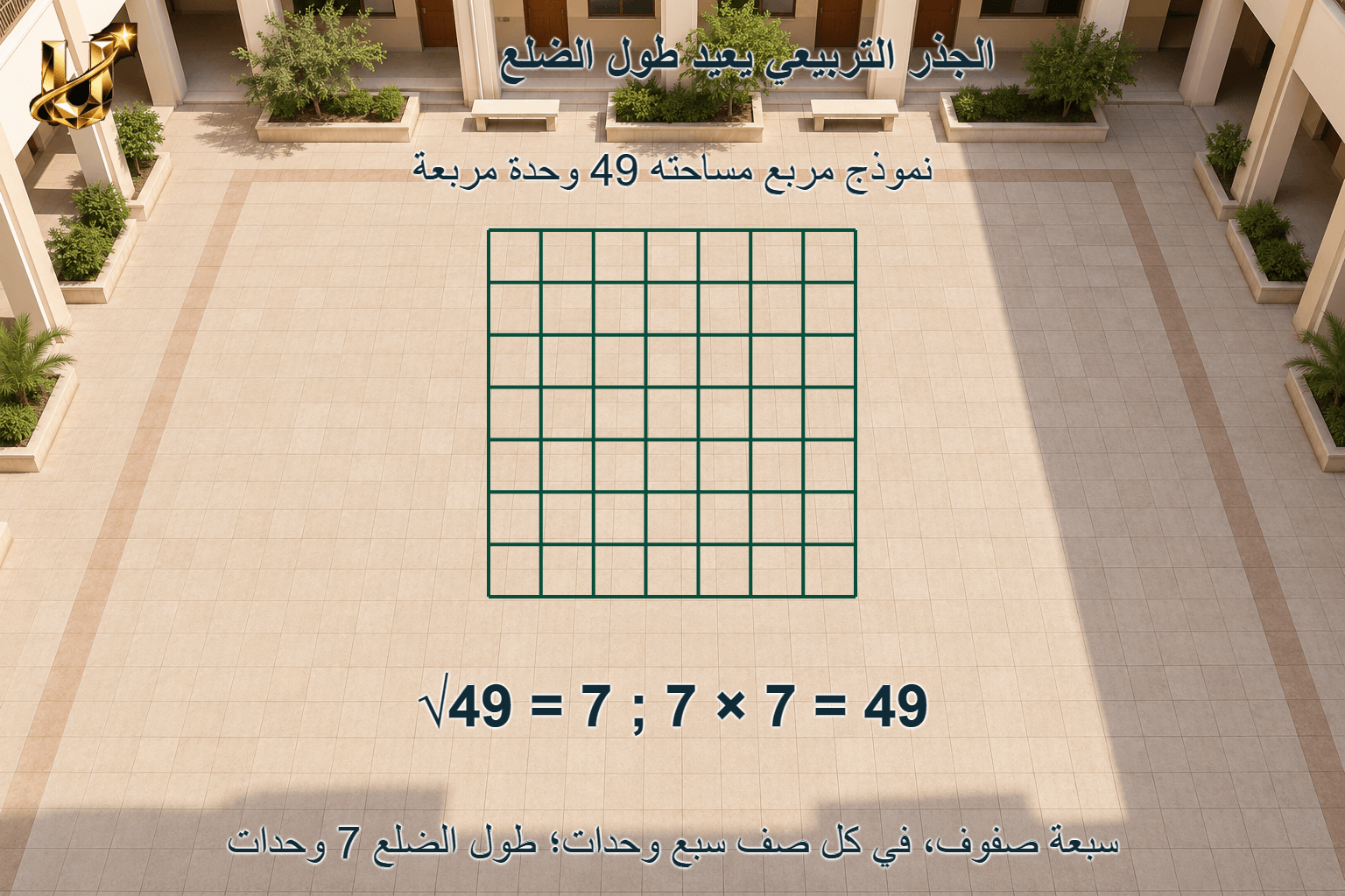 الجذر التربيعي يعيد طول الضلع؛ سبعة صفوف، في كل صف سبع وحدات؛ طول الضلع 7 وحدات