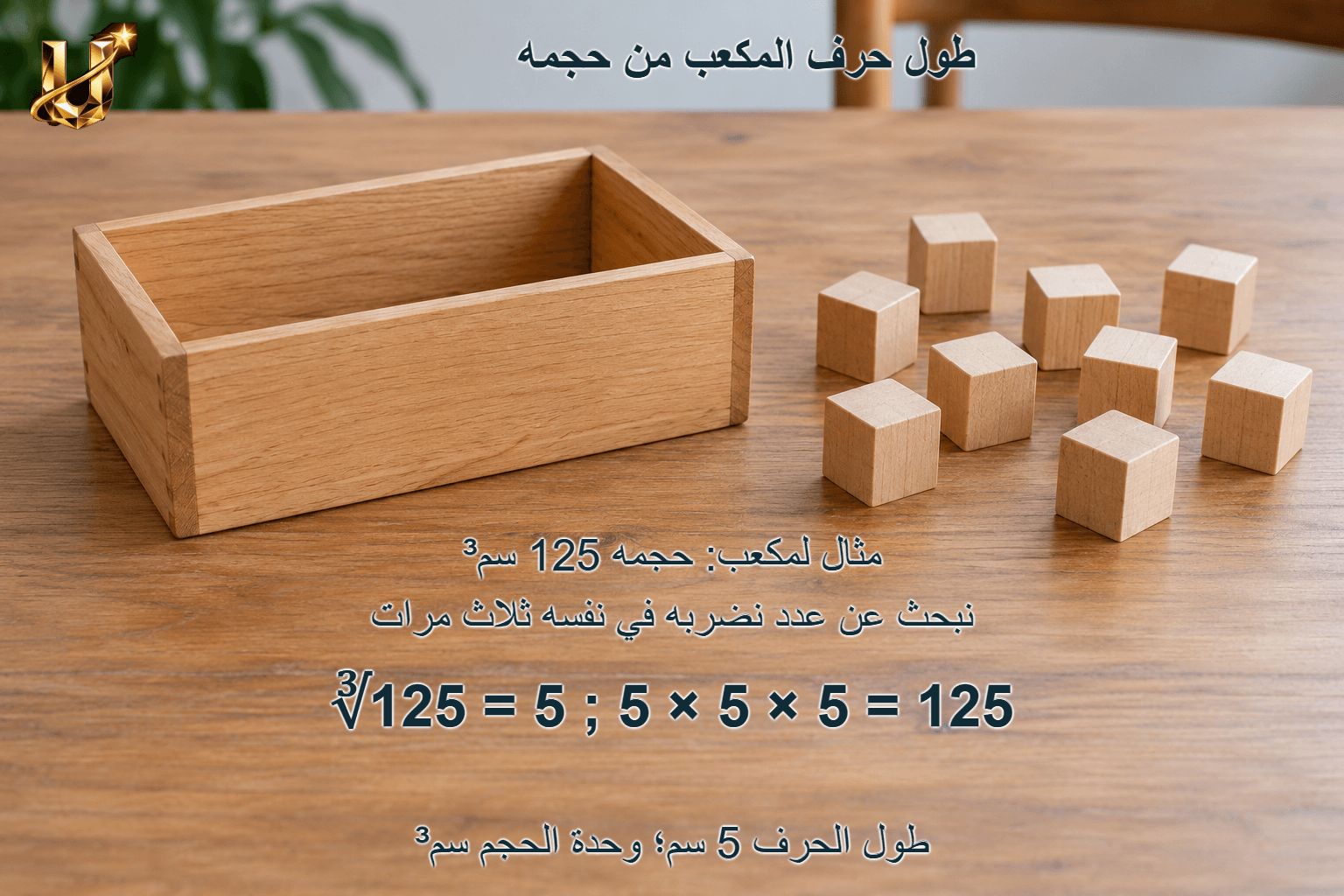 طول حرف المكعب من حجمه؛ طول الحرف 5 سم؛ وحدة الحجم سم³