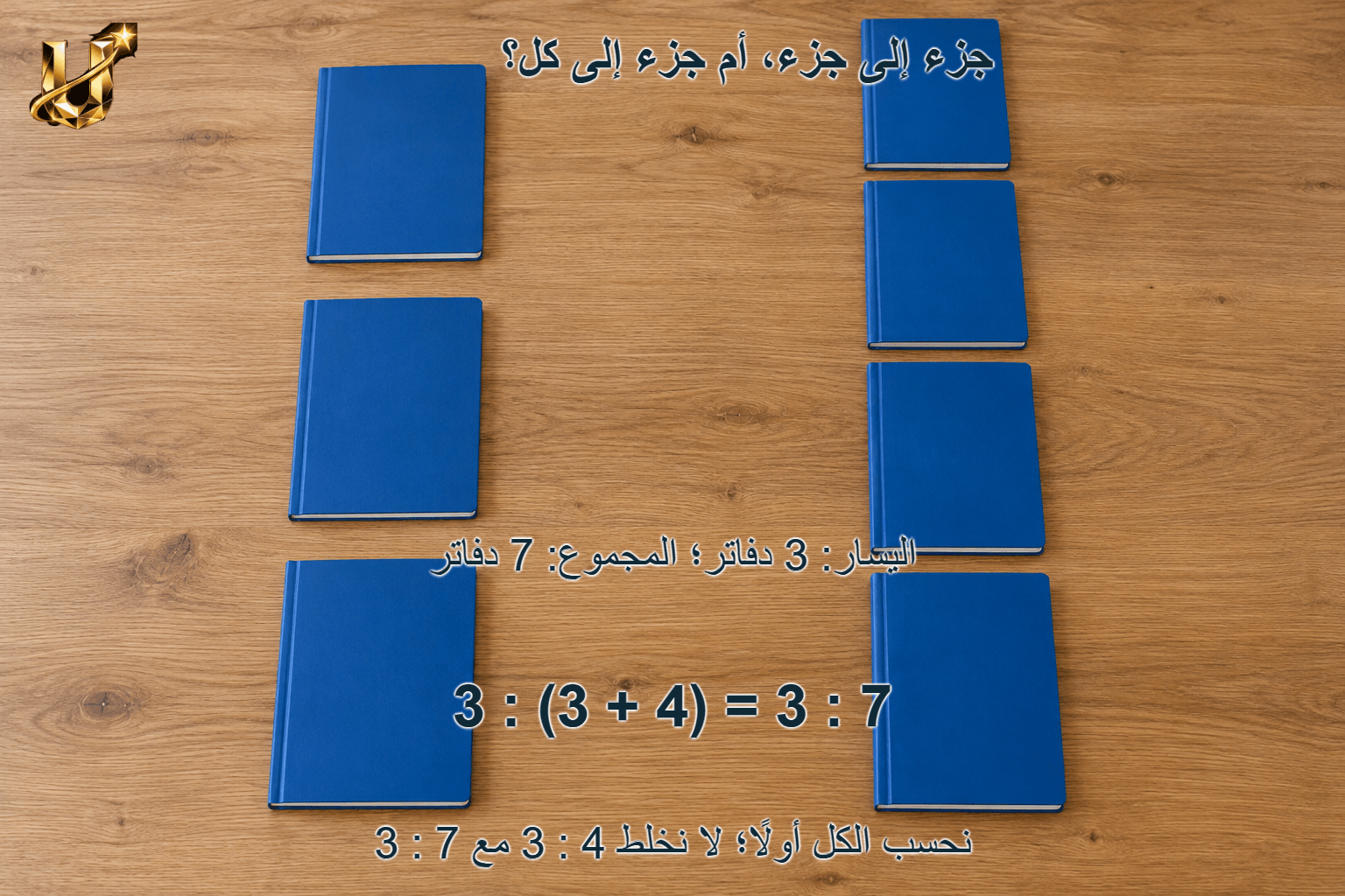 جزء إلى جزء، أم جزء إلى كل؟؛ نحسب الكل أولا؛ لا نخلط 3 : 4 مع 3 : 7