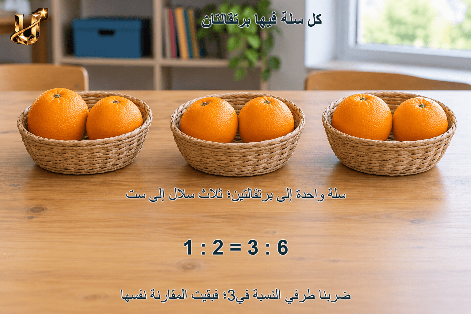 كل سلة فيها برتقالتان؛ ضربنا طرفي النسبة في3؛ فبقيت المقارنة نفسها