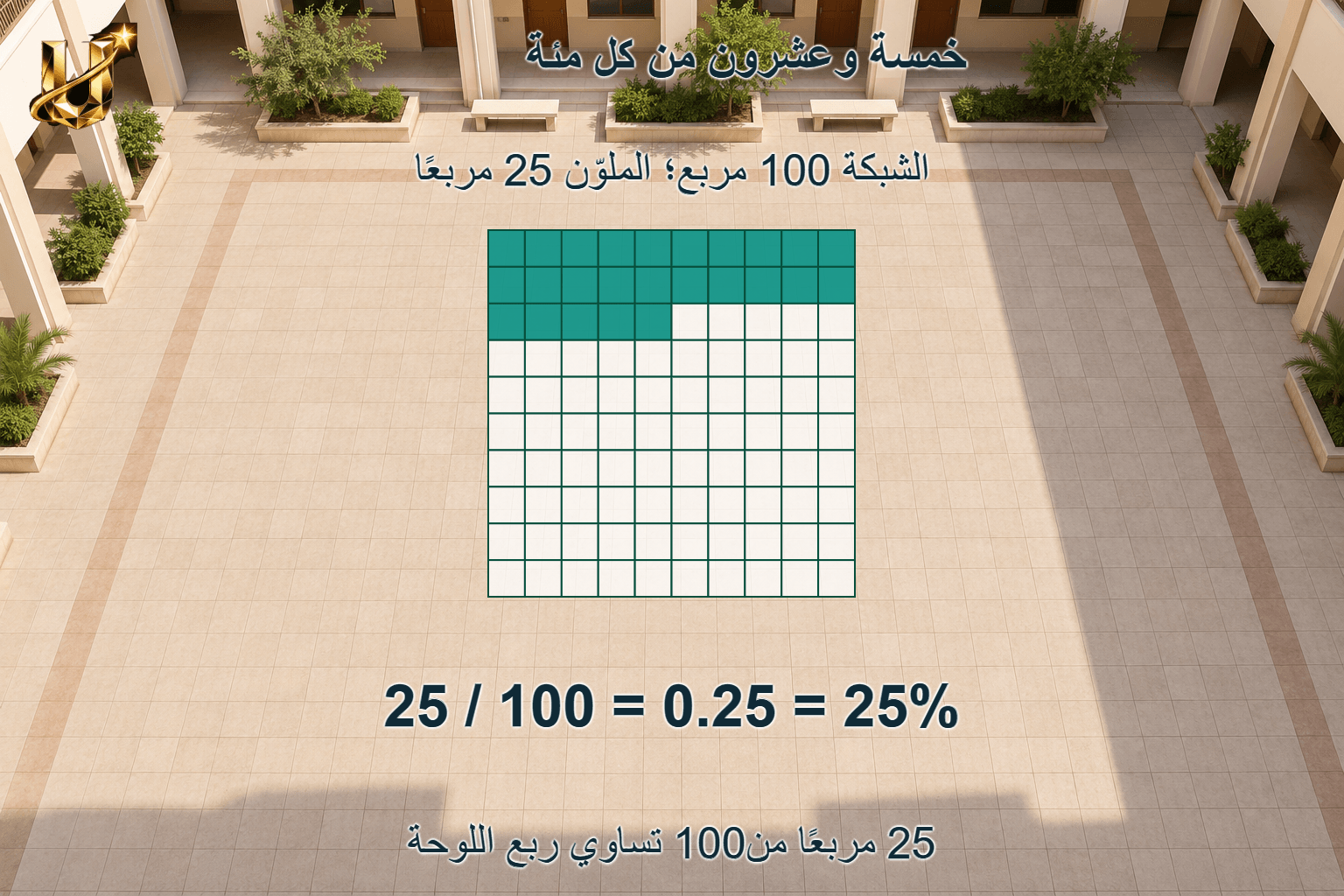 خمسة وعشرون من كل مئة؛ 25 مربعا من100 تساوي ربع اللوحة