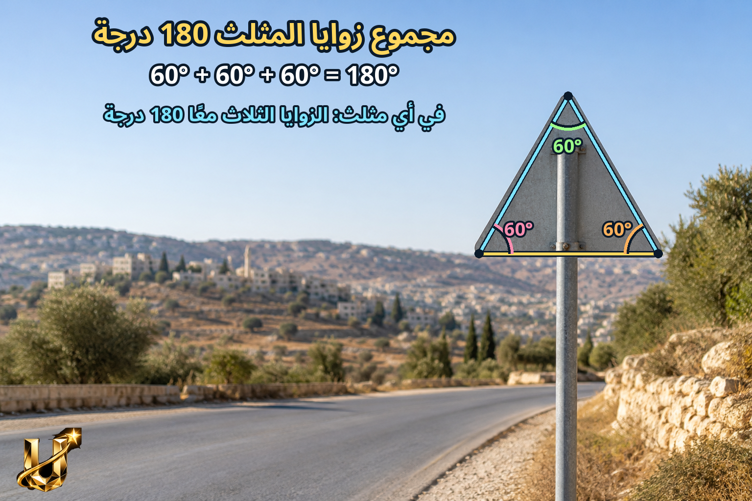 مجموع زوايا المثلث 180 درجة: 60 + 60 + 60 = 180