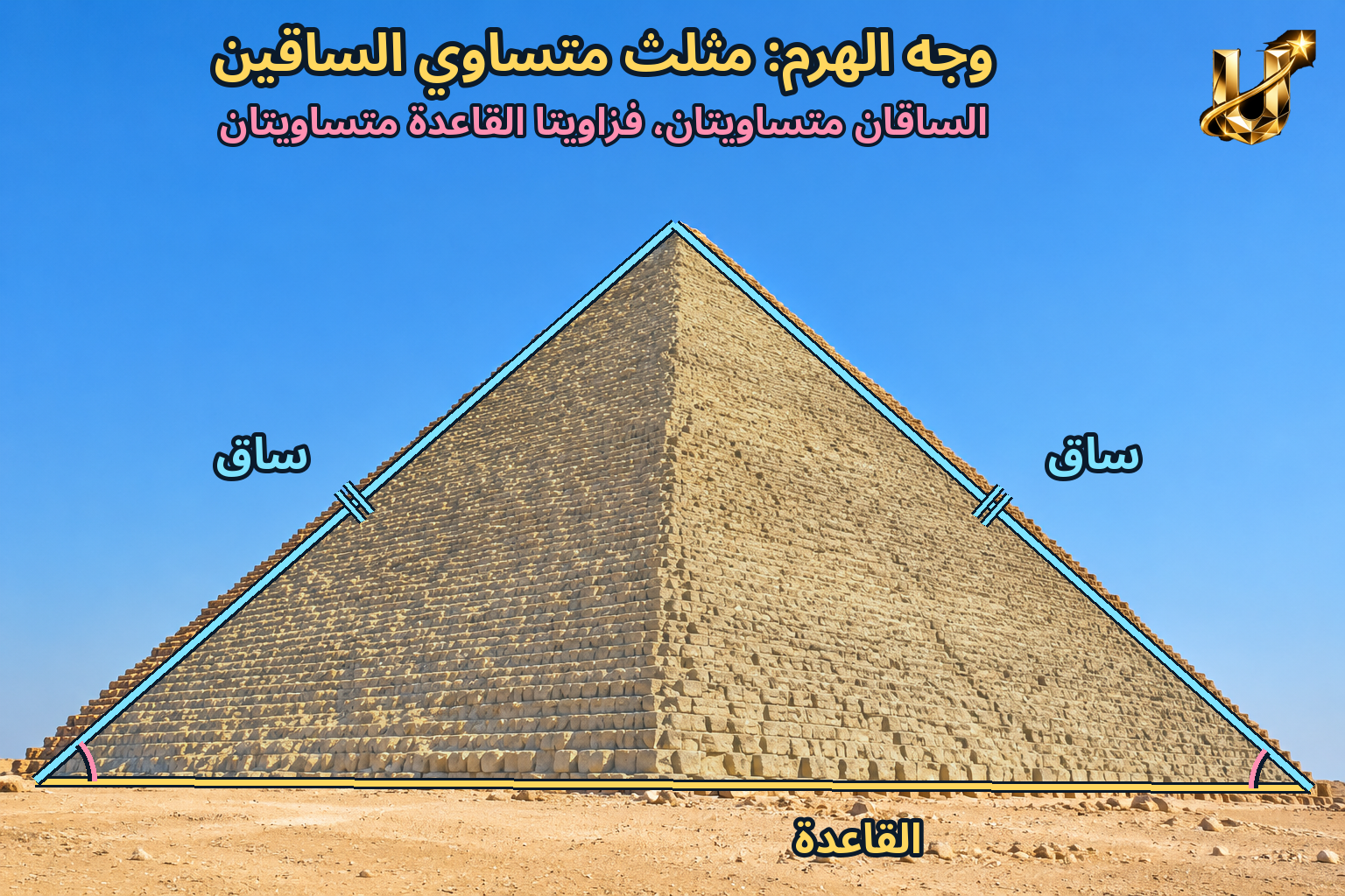 وجه الهرم مثلث متساوي الساقين: الساقان متساويتان، فزاويتا القاعدة متساويتان