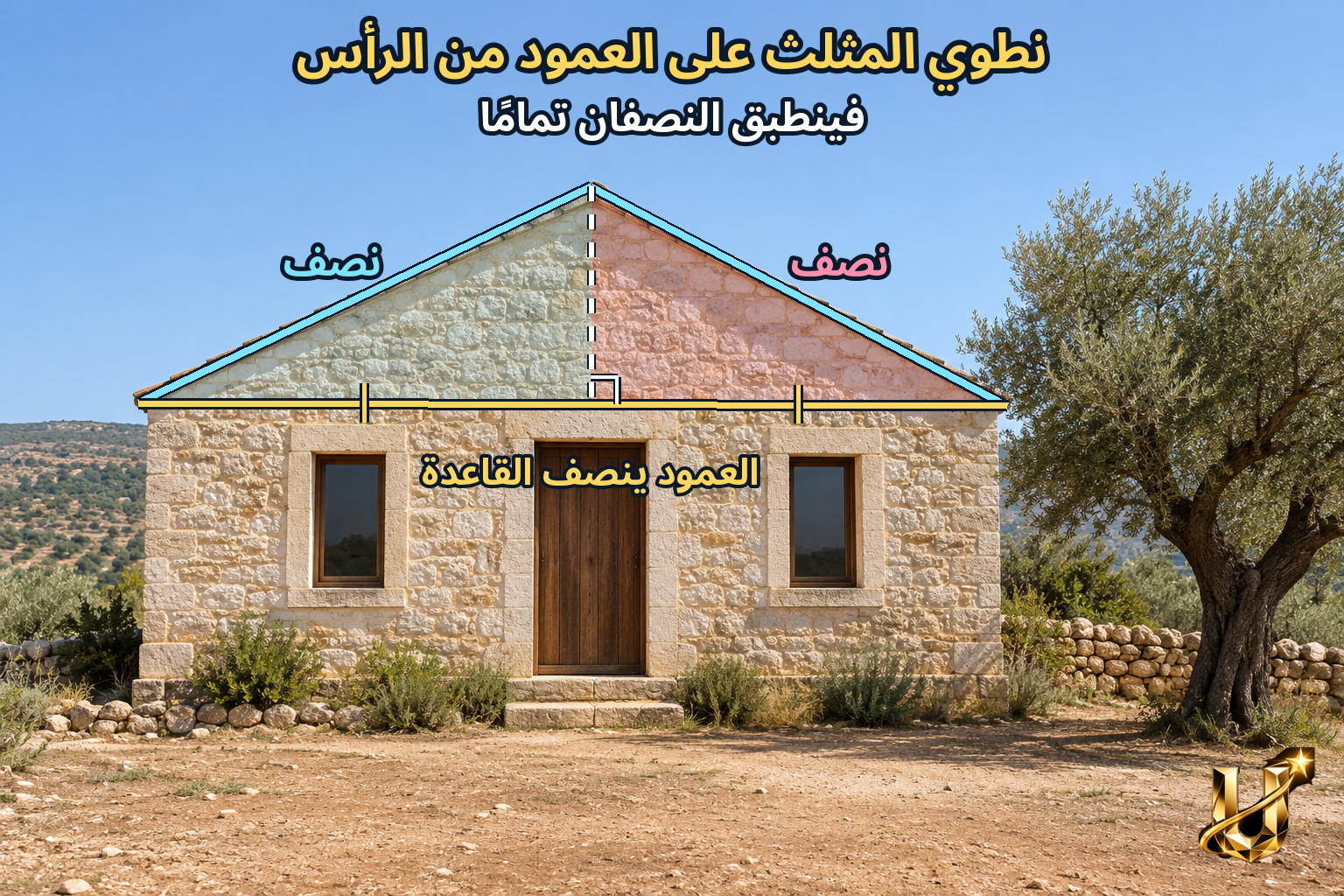 نطوي المثلث على العمود من الرأس فينطبق النصفان، والعمود ينصف القاعدة