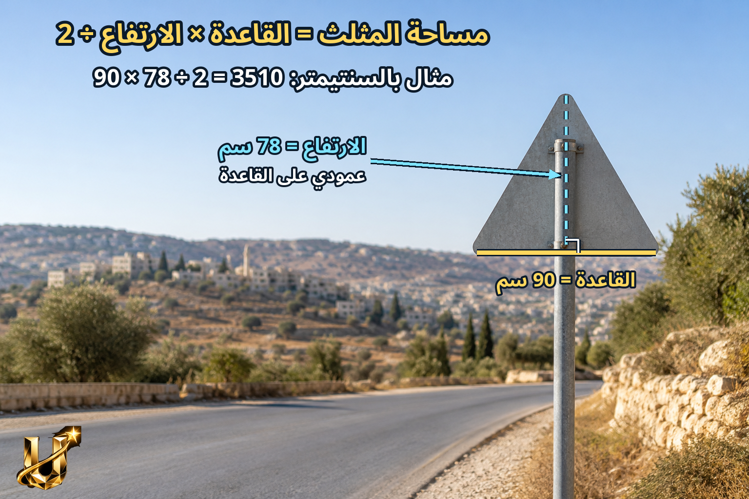 مساحة المثلث = القاعدة × الارتفاع ÷ 2؛ مثال: 90 × 78 ÷ 2 = 3510 سم مربع
