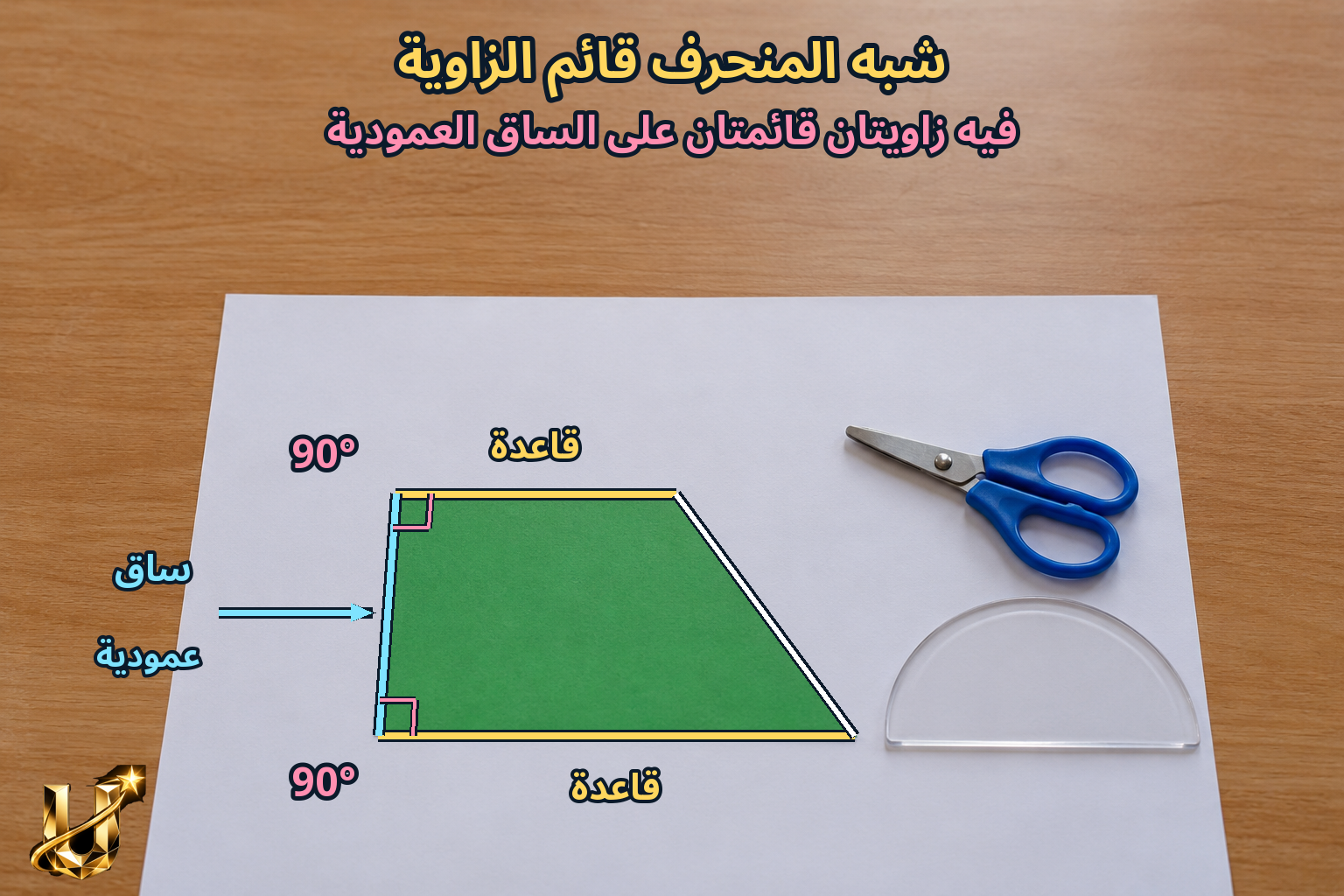 شبه المنحرف قائم الزاوية: فيه زاويتان قائمتان على الساق العمودية