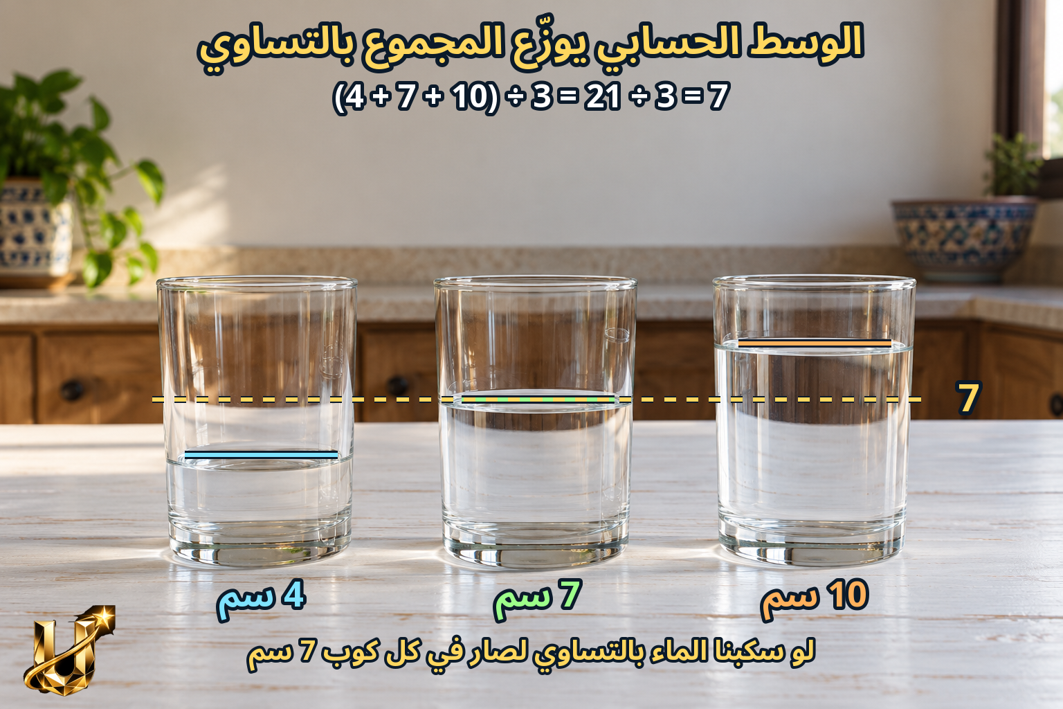 الوسط الحسابي يوزع المجموع بالتساوي: (4 + 7 + 10) ÷ 3 = 7 سم