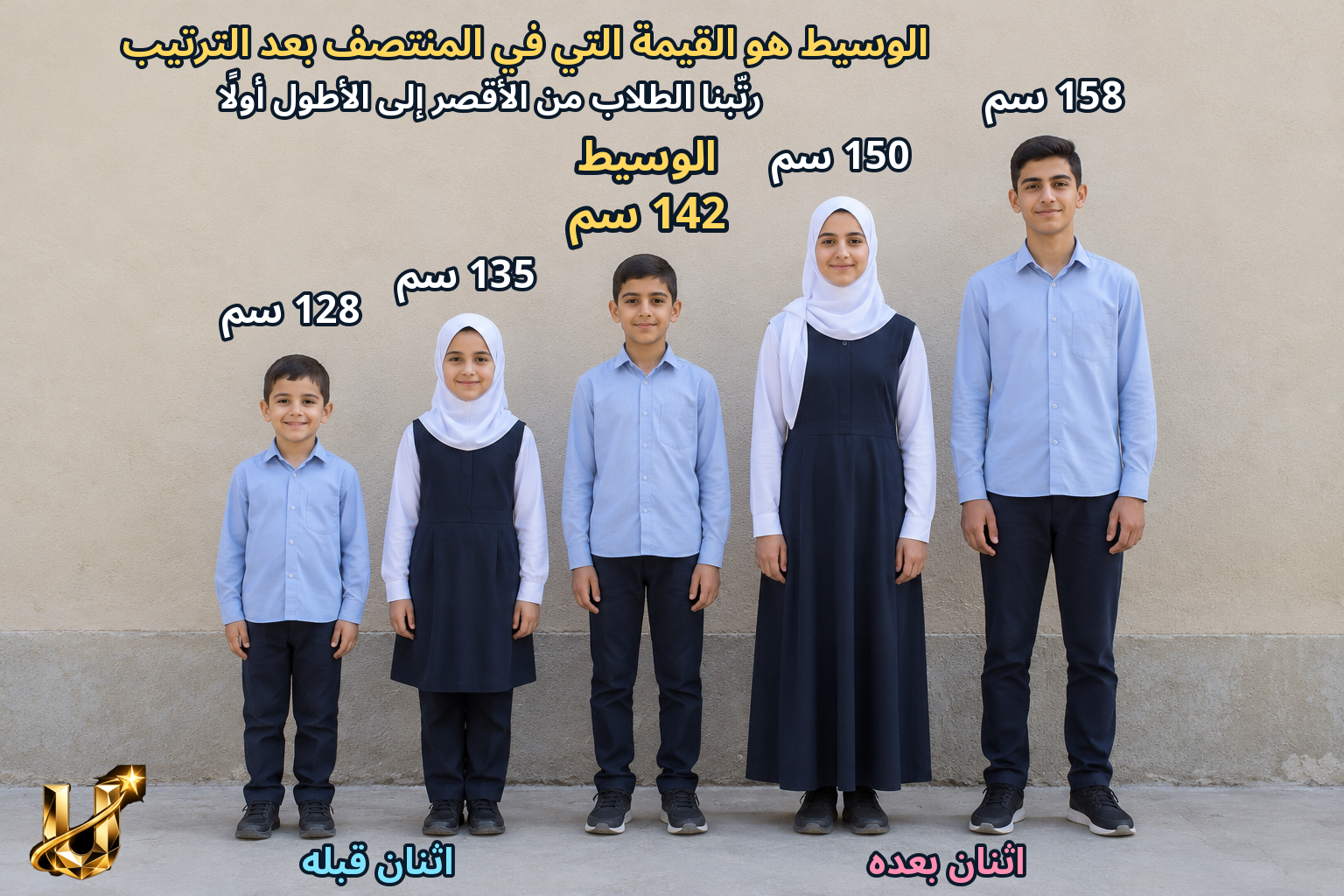 الوسيط هو القيمة التي في المنتصف بعد الترتيب: 142 سم، اثنان قبله واثنان بعده