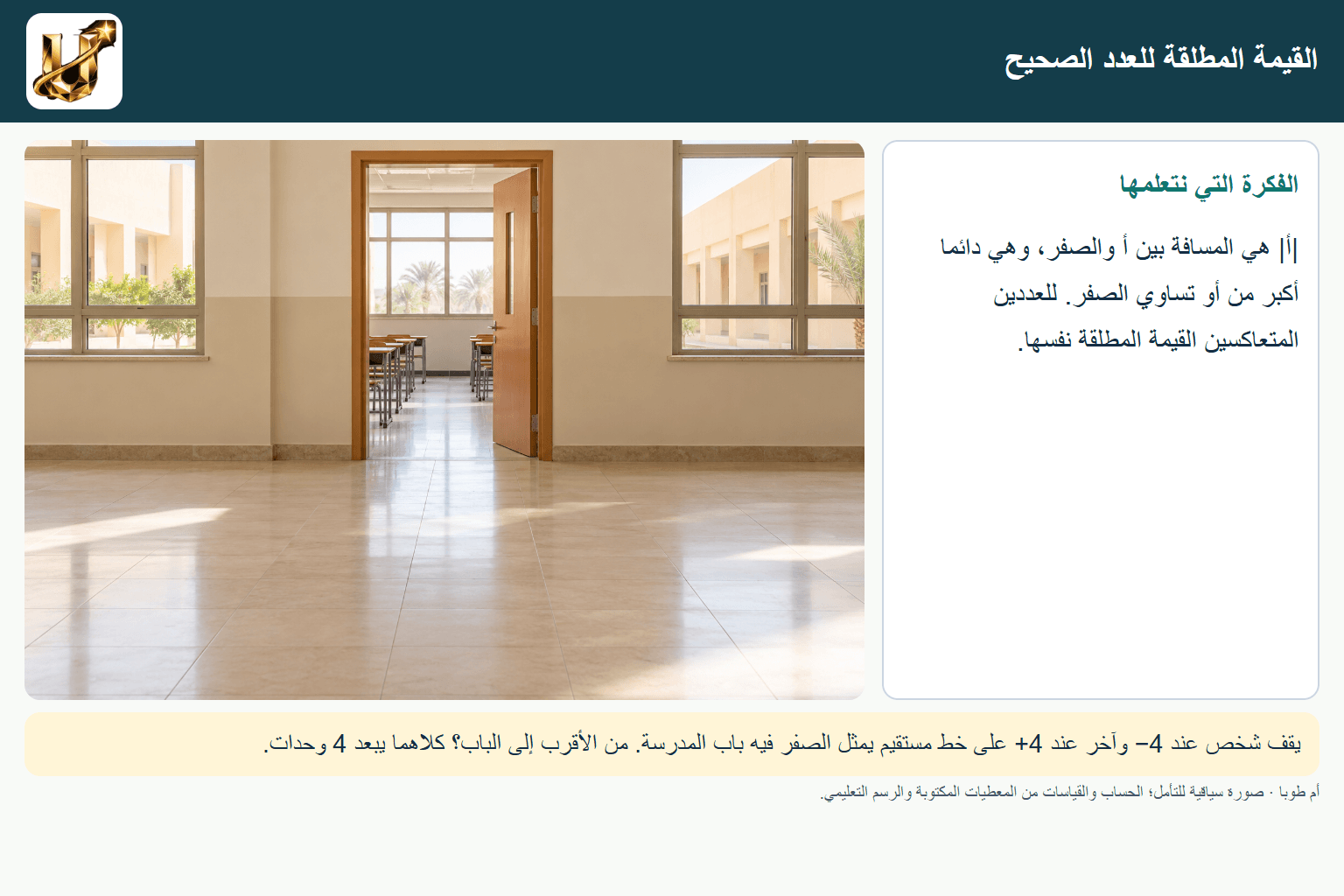 القيمة المطلقة للعدد الصحيح — صورة من الحياة مع الفكرة الأساسية مكتوبة.
