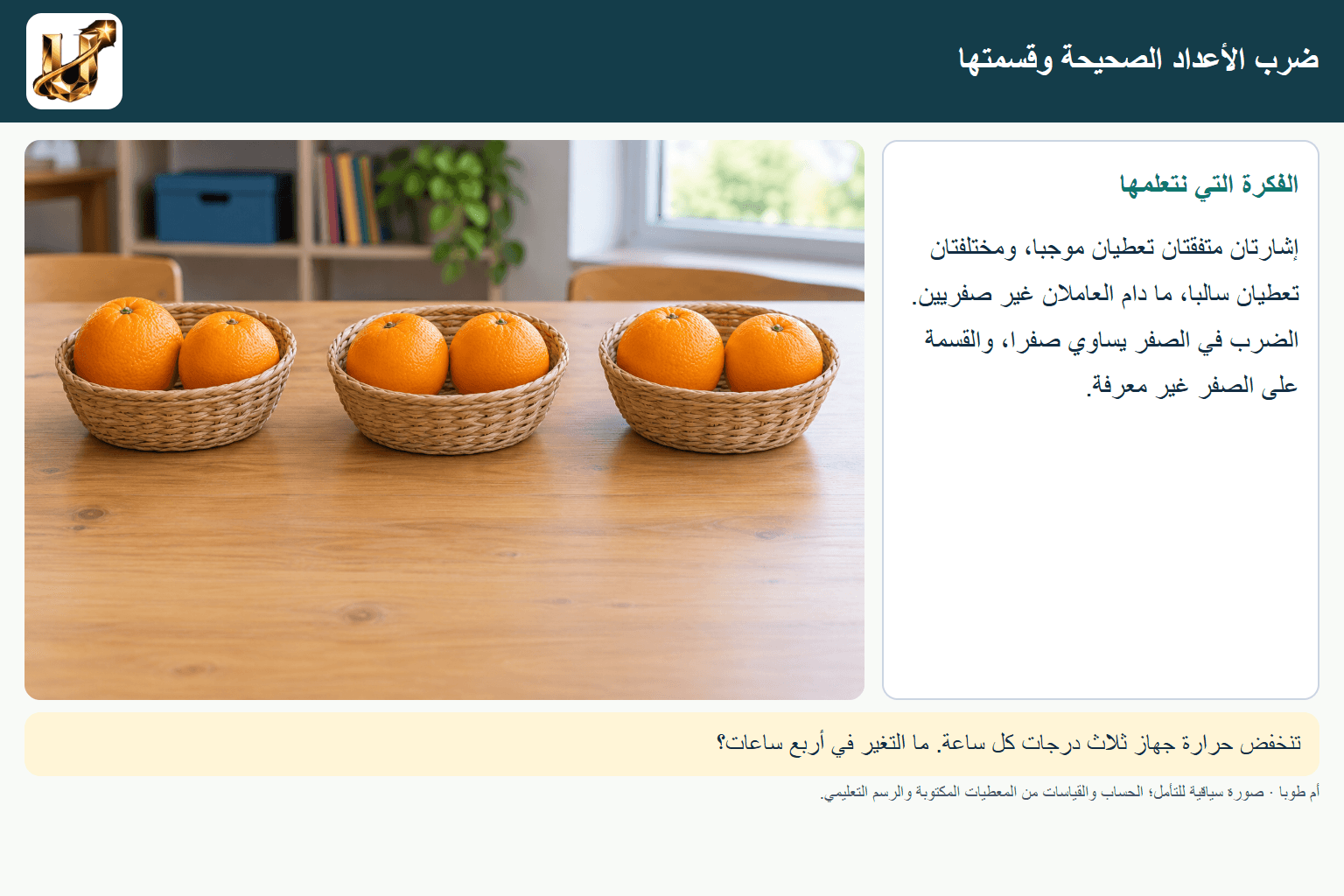 ضرب الأعداد الصحيحة وقسمتها — صورة من الحياة مع الفكرة الأساسية مكتوبة.