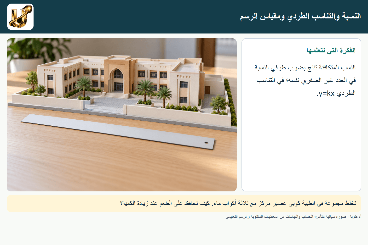 النسبة والتناسب الطردي ومقياس الرسم — صورة من الحياة مع الفكرة الأساسية مكتوبة.