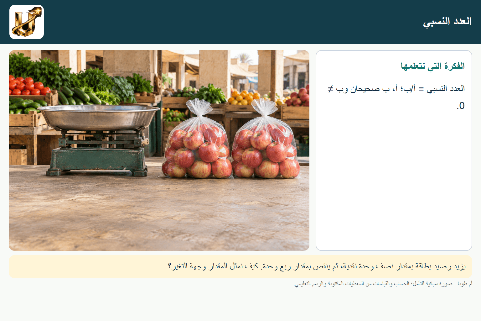العدد النسبي — صورة من الحياة مع الفكرة الأساسية مكتوبة.