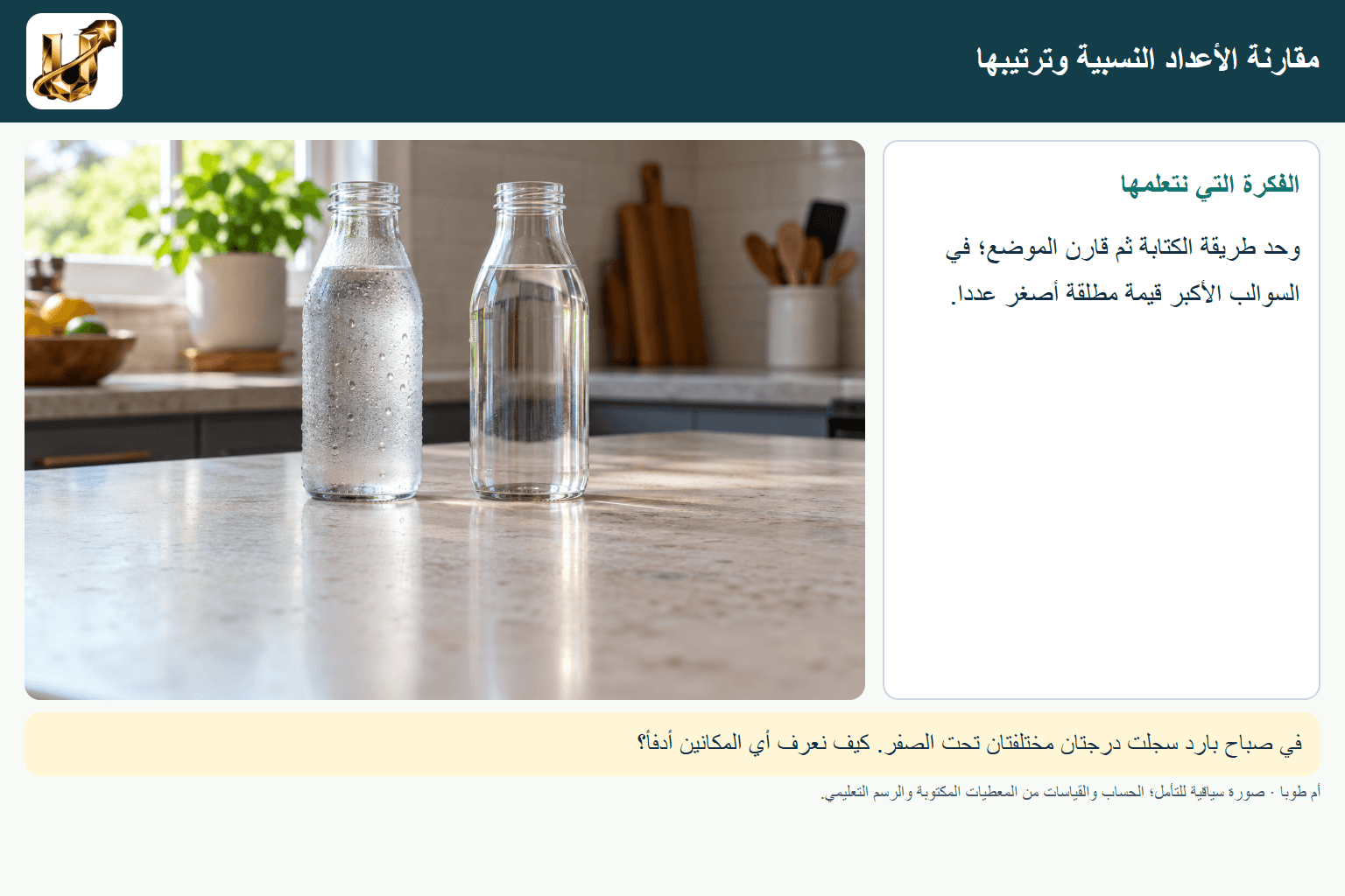 مقارنة الأعداد النسبية وترتيبها — صورة من الحياة مع الفكرة الأساسية مكتوبة.