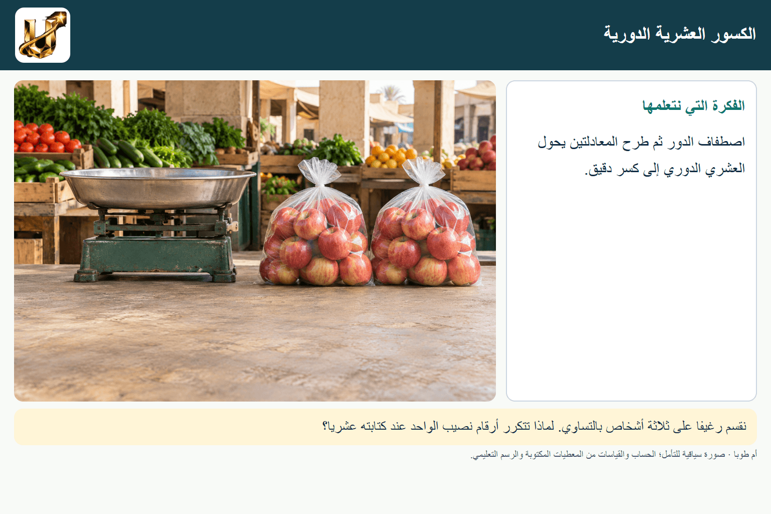 الكسور العشرية الدورية — صورة من الحياة مع الفكرة الأساسية مكتوبة.