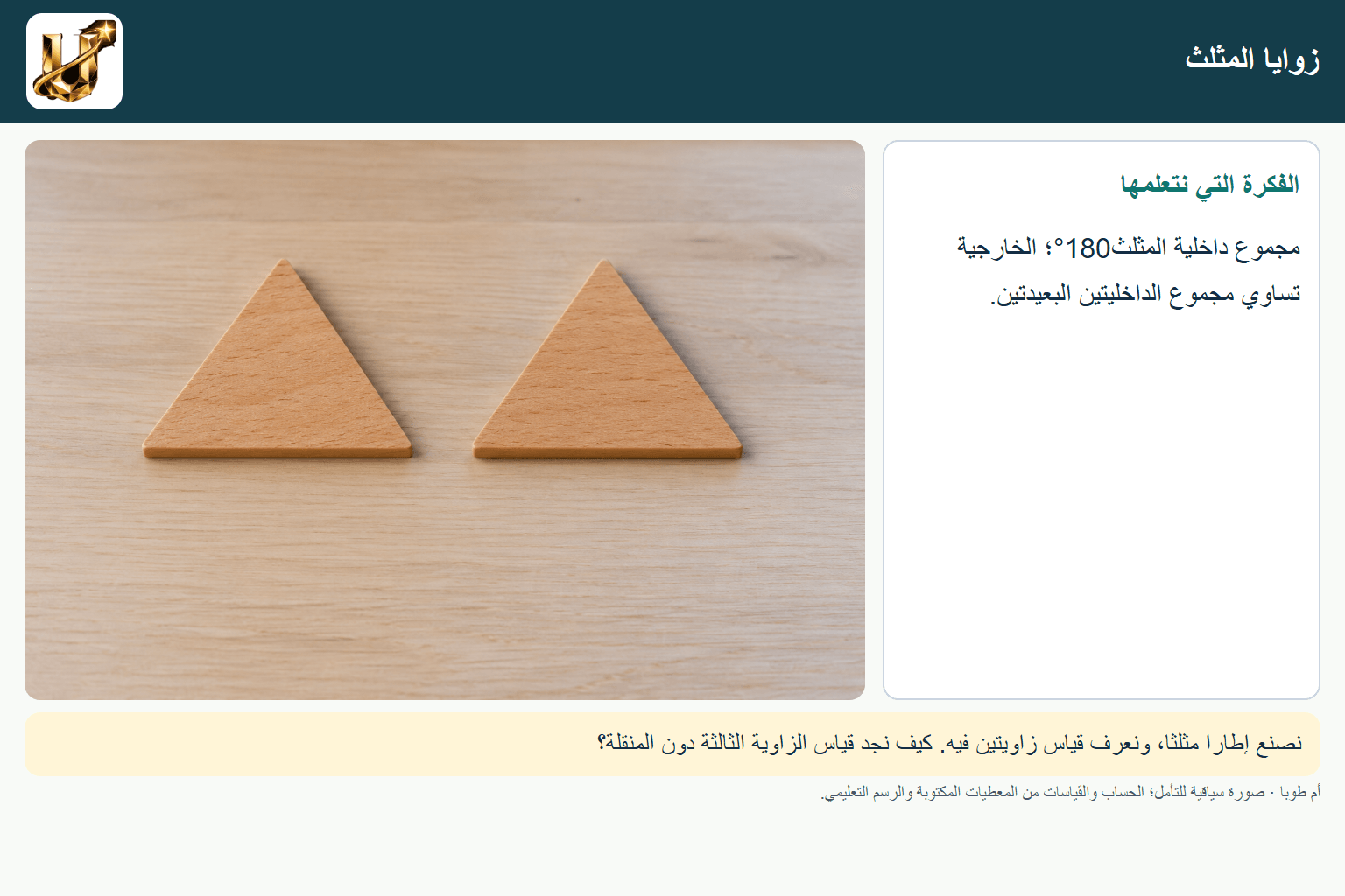 زوايا المثلث — صورة من الحياة مع الفكرة الأساسية مكتوبة.