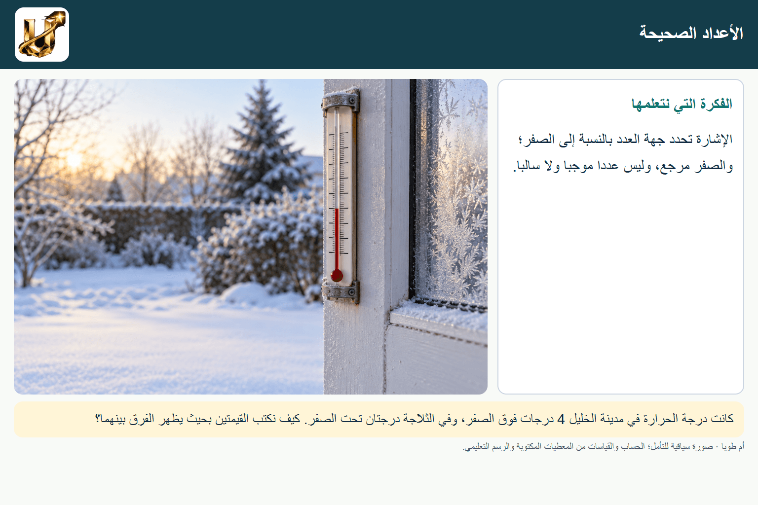 الأعداد الصحيحة — صورة من الحياة مع الفكرة الأساسية مكتوبة.