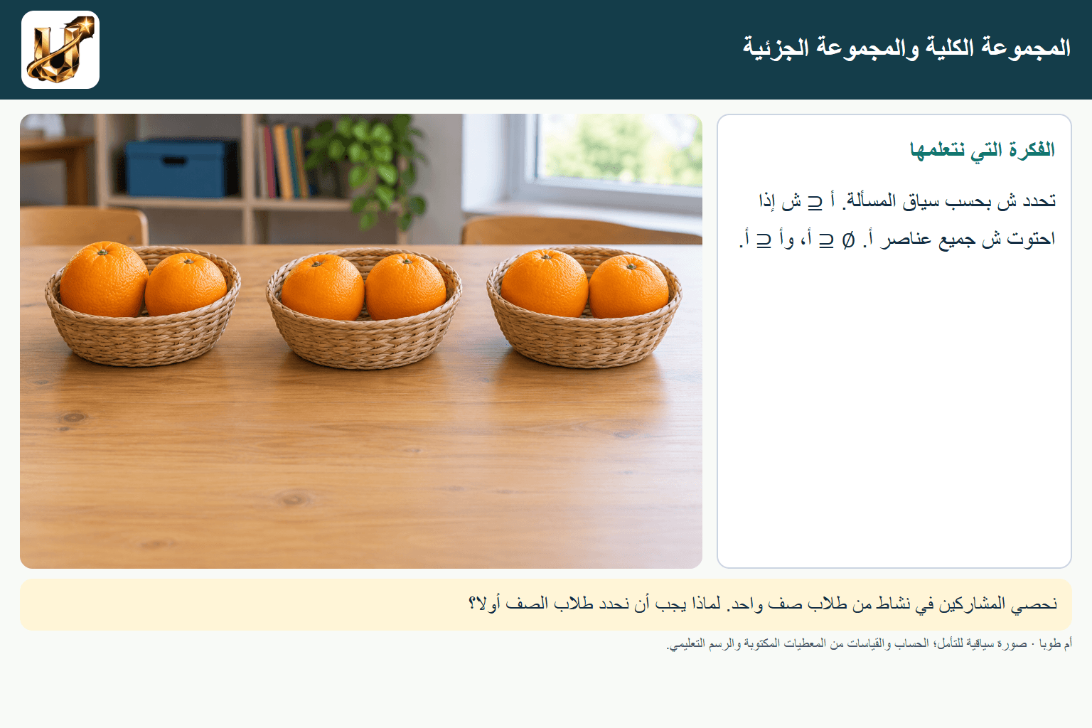 المجموعة الكلية والمجموعة الجزئية — صورة من الحياة مع الفكرة الأساسية مكتوبة.