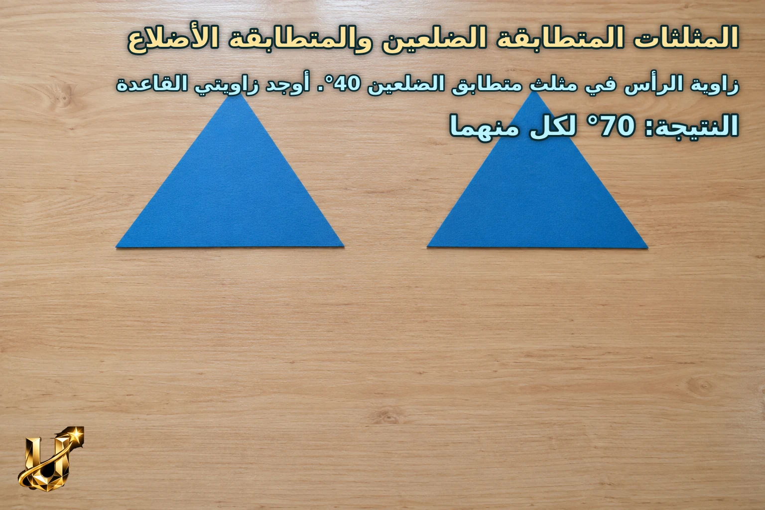 زاوية الرأس في مثلث متطابق الضلعين 40°. أوجد زاويتي القاعدة