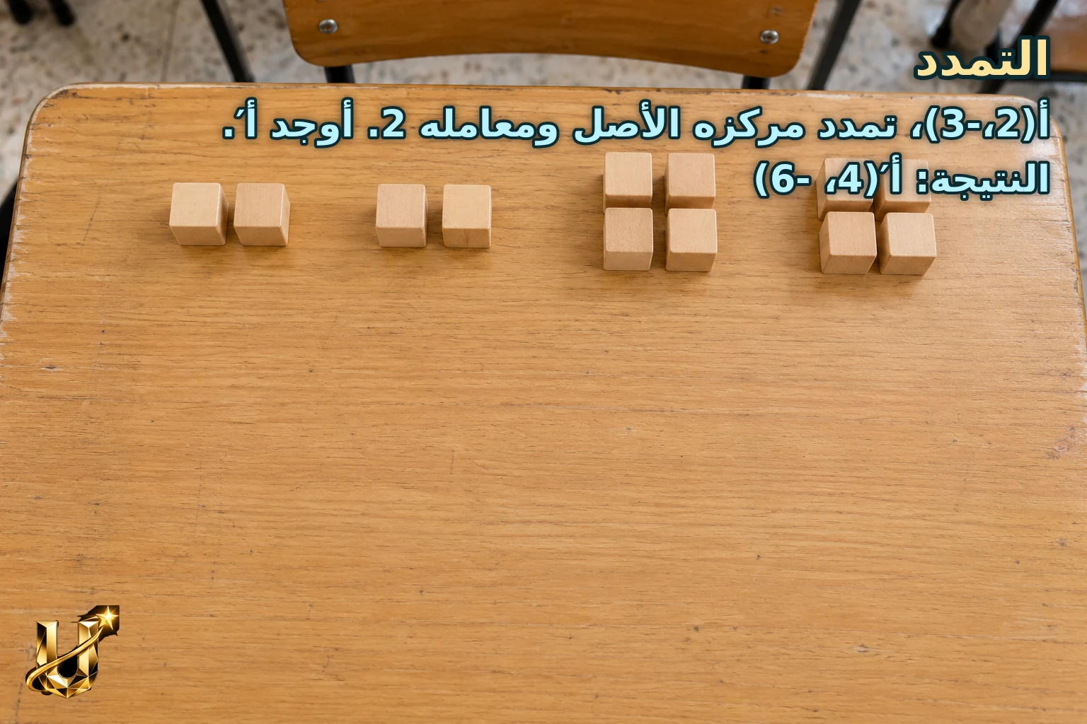 أ(2،-3)، تمدد مركزه الأصل ومعامله 2. أوجد أ′.