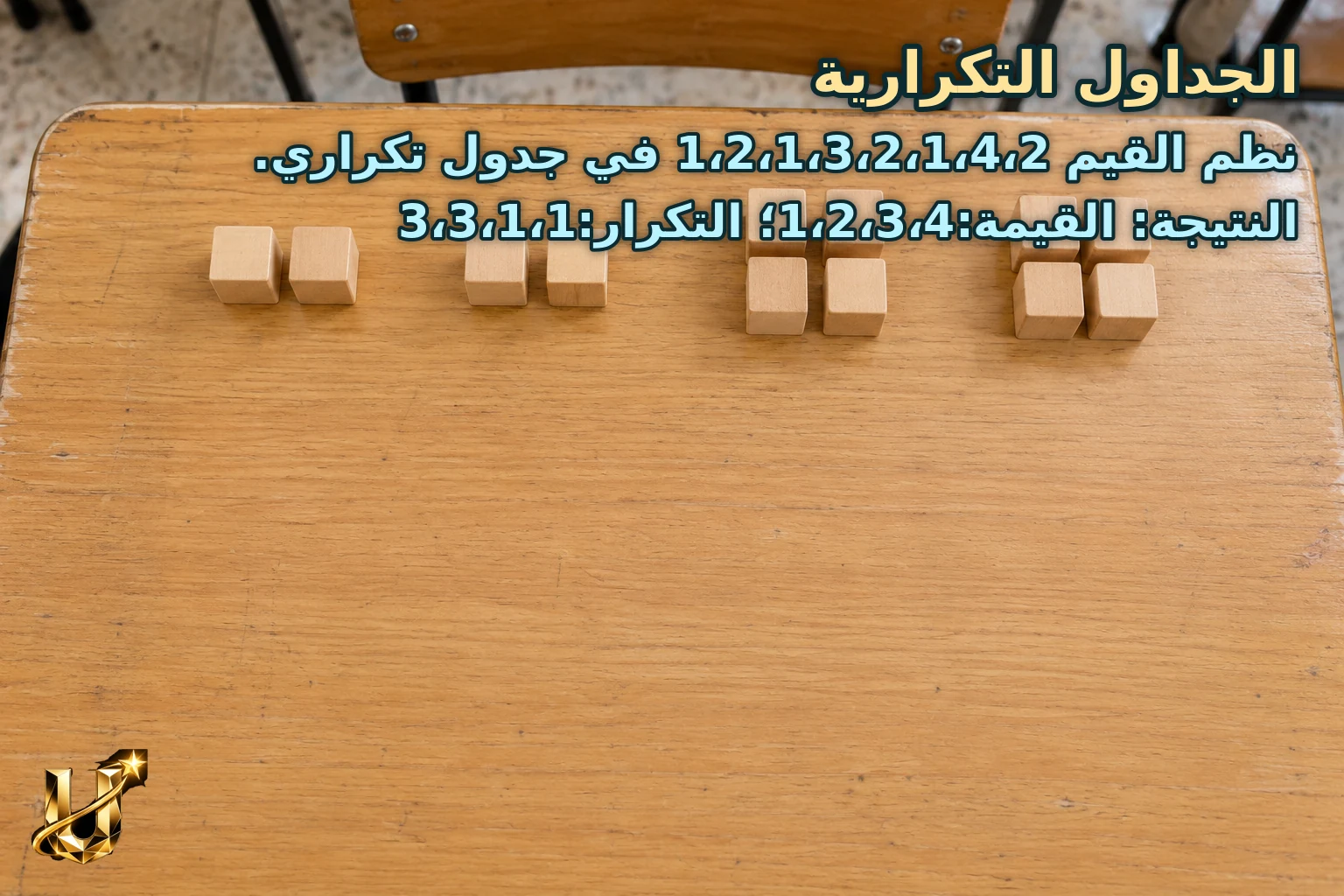 نظم القيم 1،2،1،3،2،1،4،2 في جدول تكراري.
