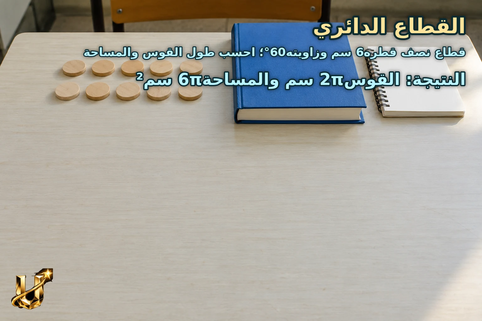 قطاع نصف قطره6 سم وزاويته60°؛ احسب طول القوس والمساحة